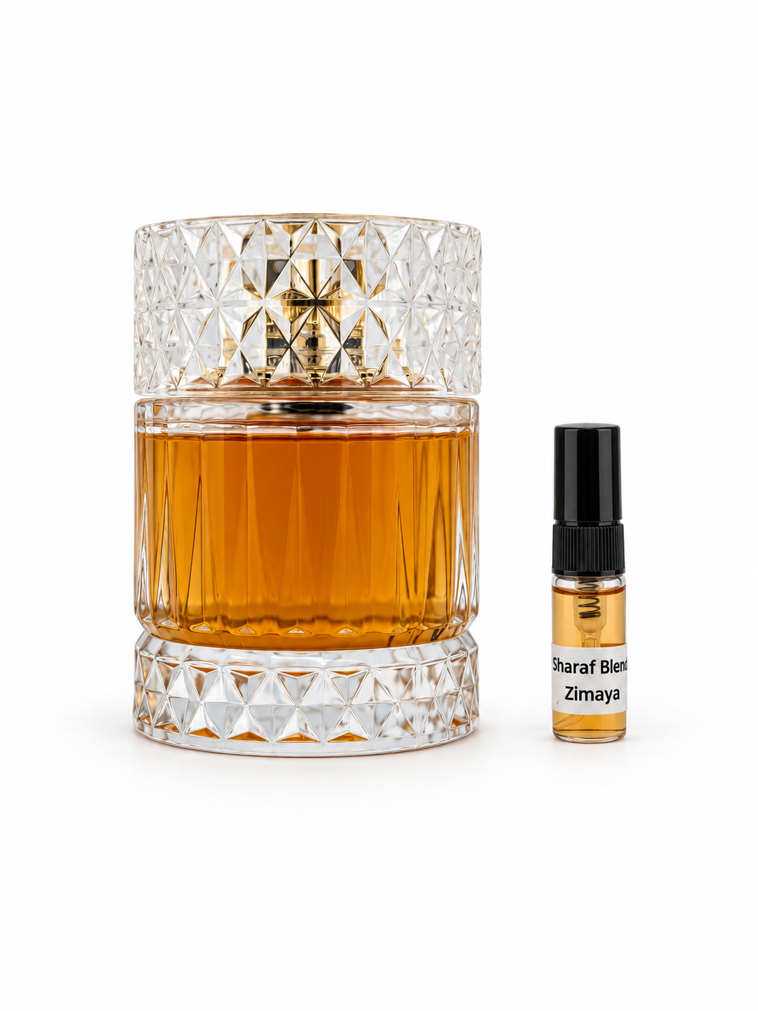 Zimaya Sharaf Blend fragrance bottle and black-capped sample vial on white