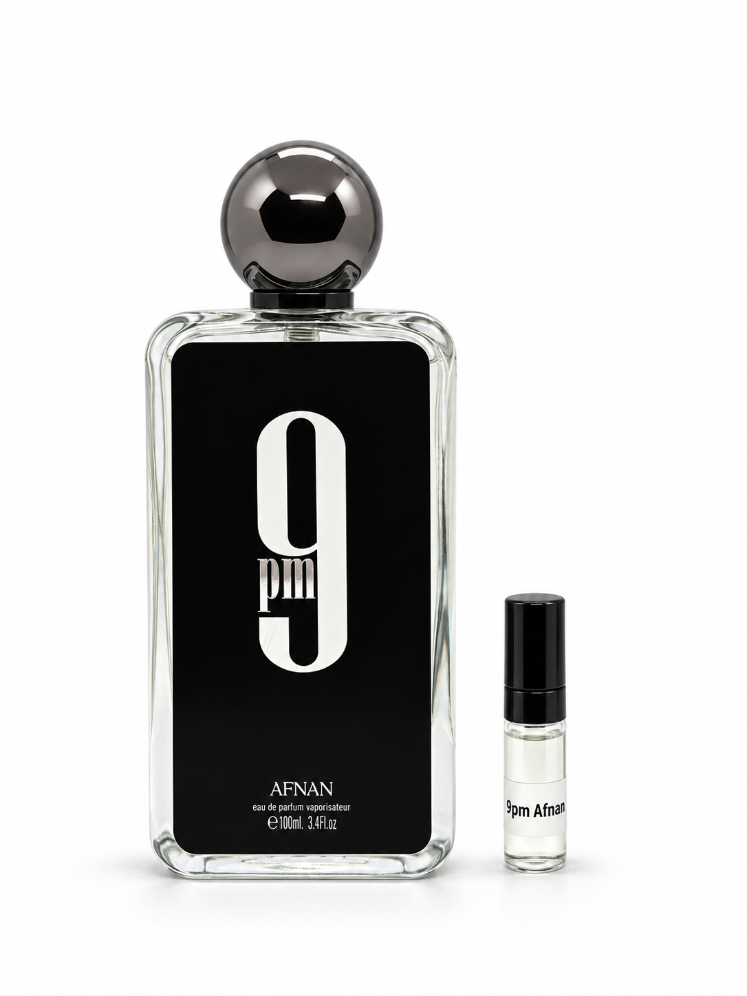 Afnan 9pm fragrance bottle and black-capped sample vial on white