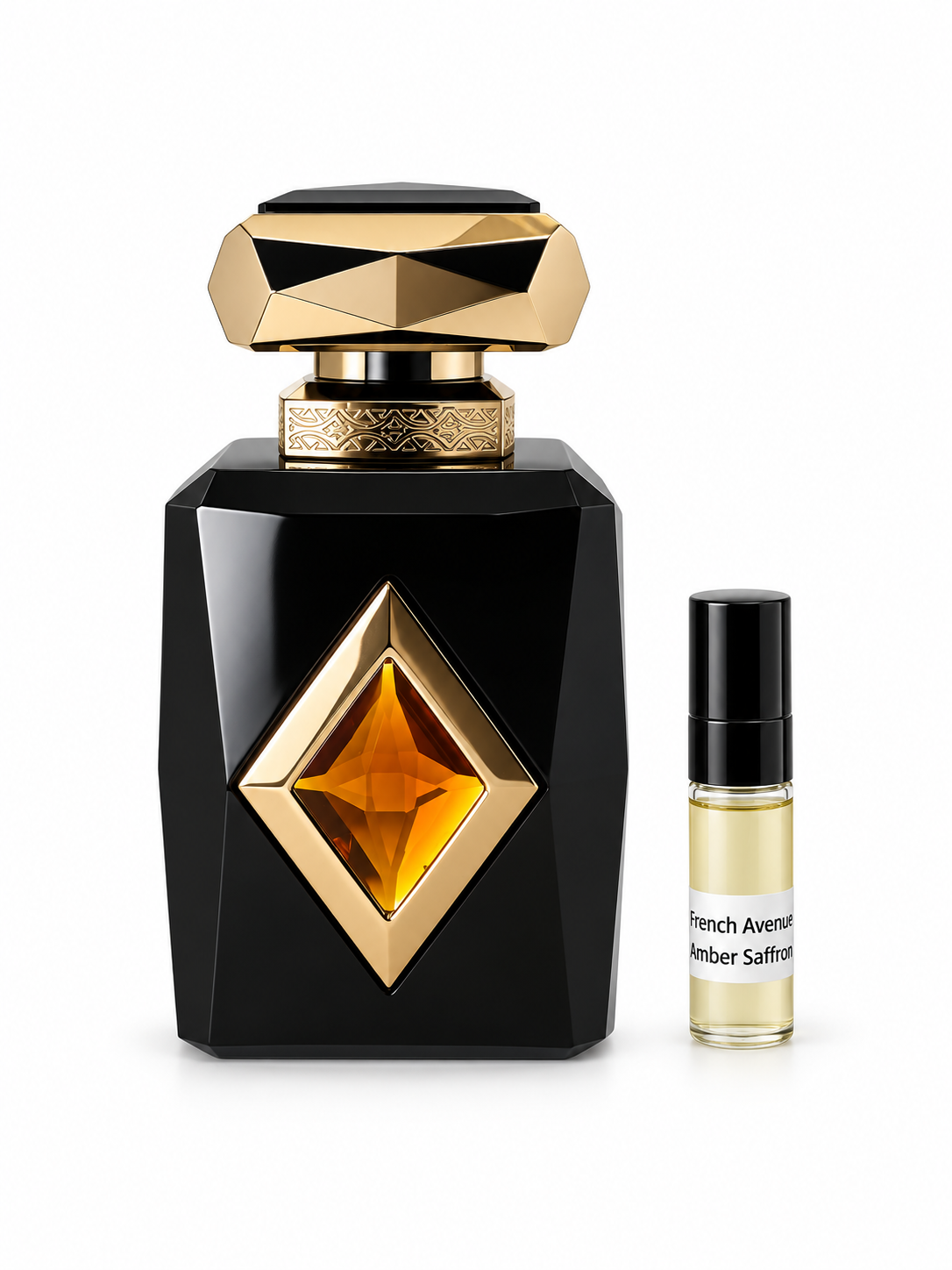 French Avenue Amber Saffron fragrance bottle and black-capped sample vial on white