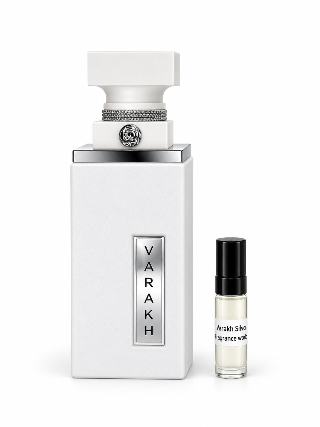 Fragrance World Varakh Silver fragrance bottle and black-capped sample vial on white