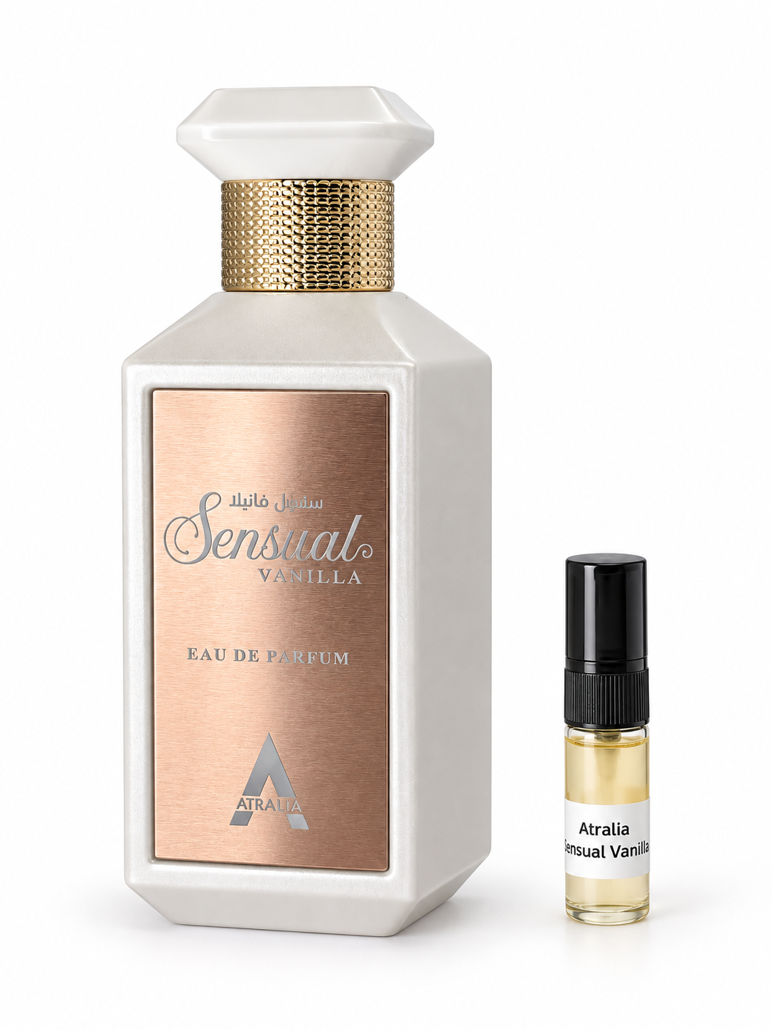 Atralia Sensual Vanilla fragrance bottle and black-capped sample vial on white