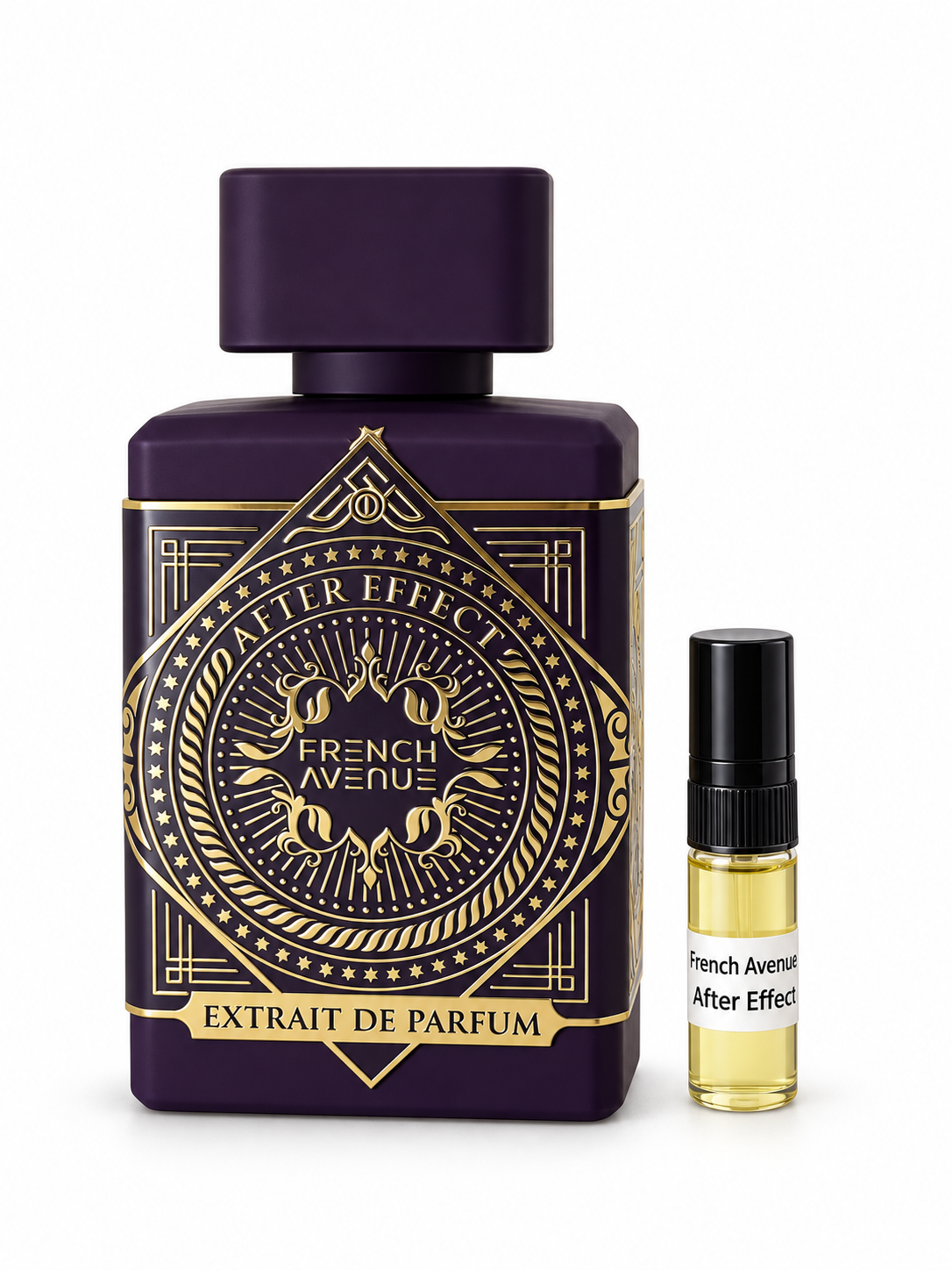 Fragrance World After Effect fragrance bottle and black-capped sample vial on white