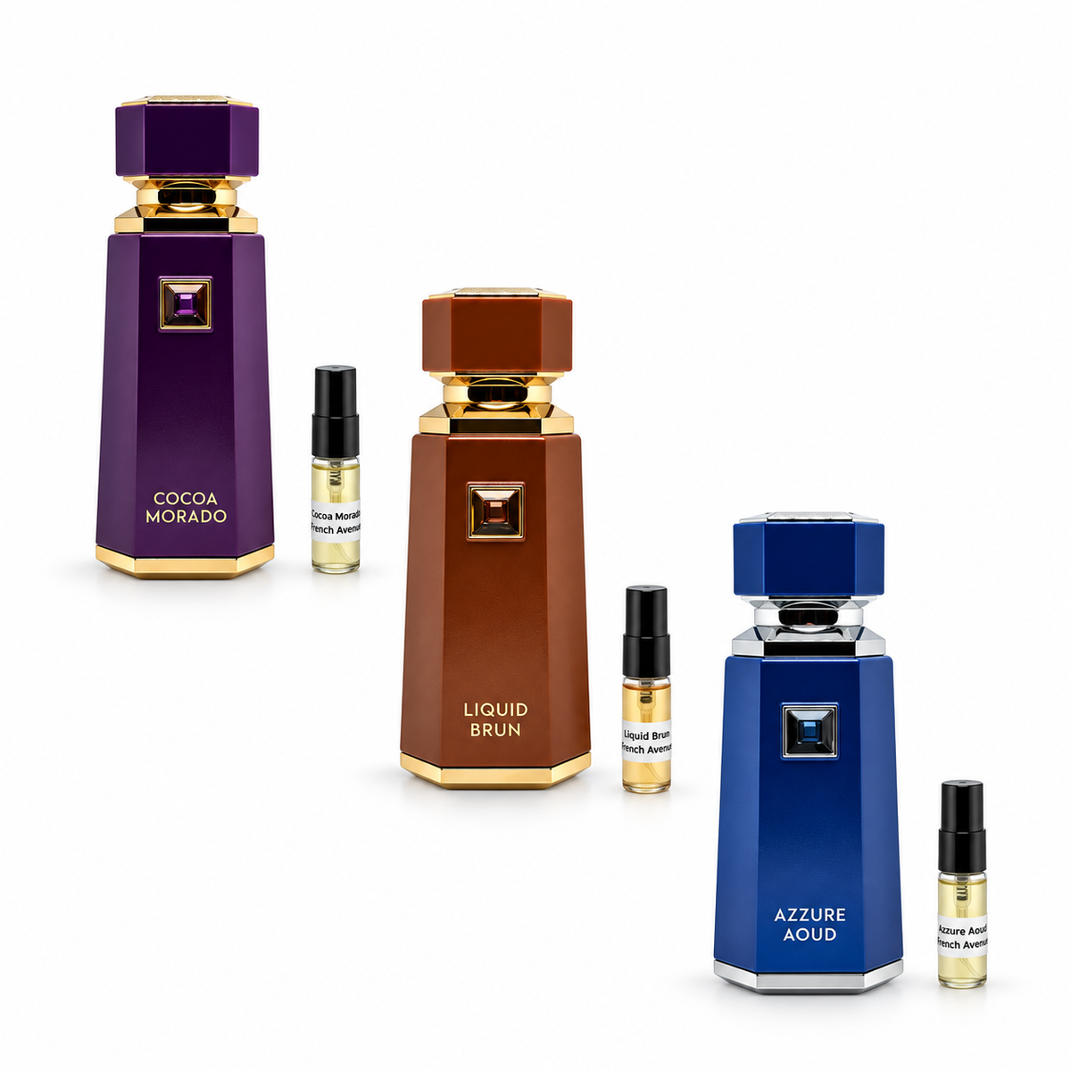 French Avenue Trio discovery set: Cocoa Morado, Liquid Brun and Azzure Aoud with black-capped sample vials on white