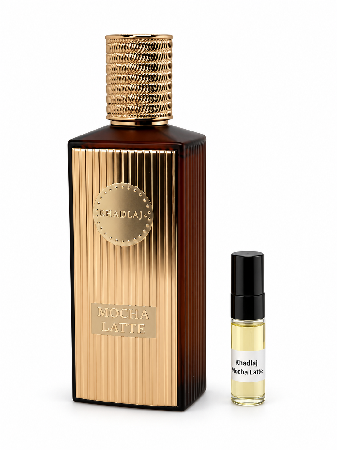 Khadlaj Mocha Latte fragrance bottle and black-capped sample vial on white
