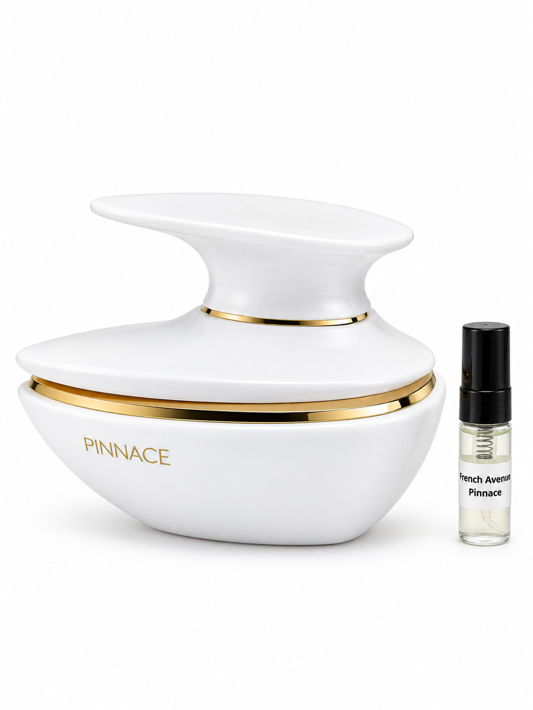 French Avenue Pinnace White fragrance bottle and black-capped sample vial on white
