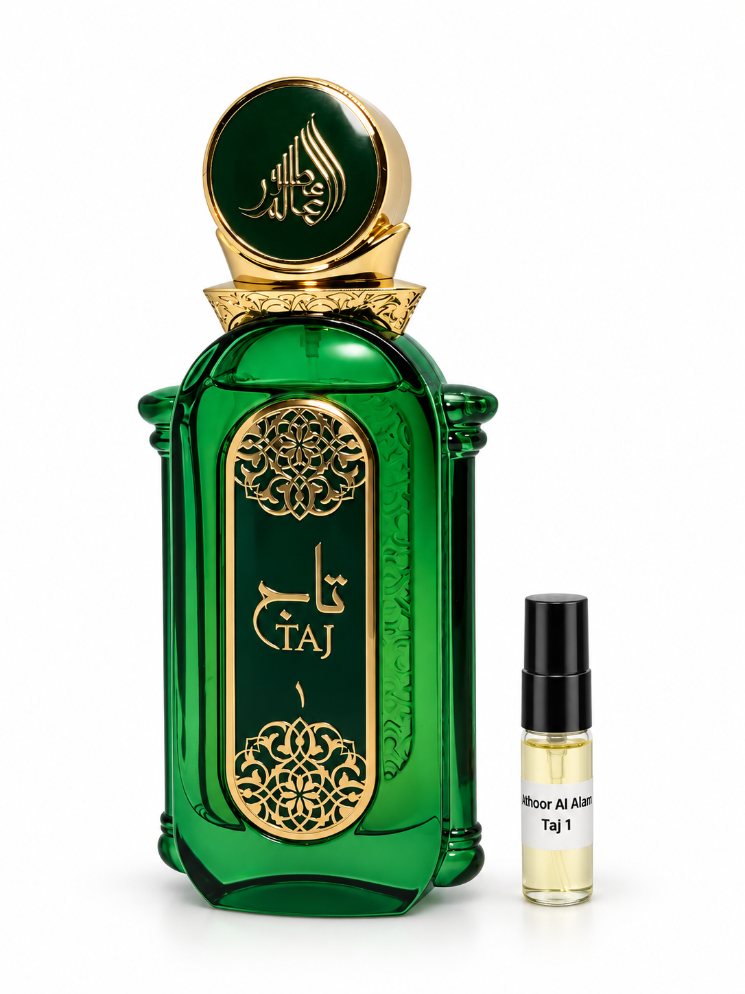 Fragrance World Taj 1 fragrance bottle and black-capped sample vial on white