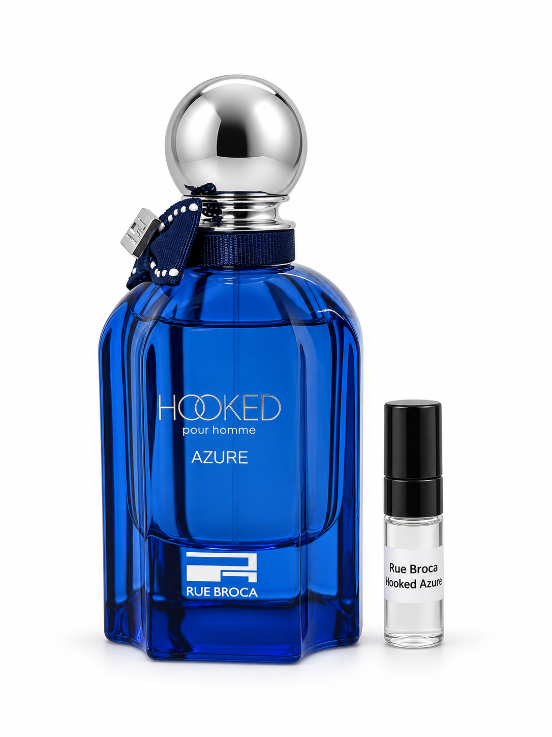 Rue Broca Hooked Azure fragrance bottle and black-capped sample vial on white