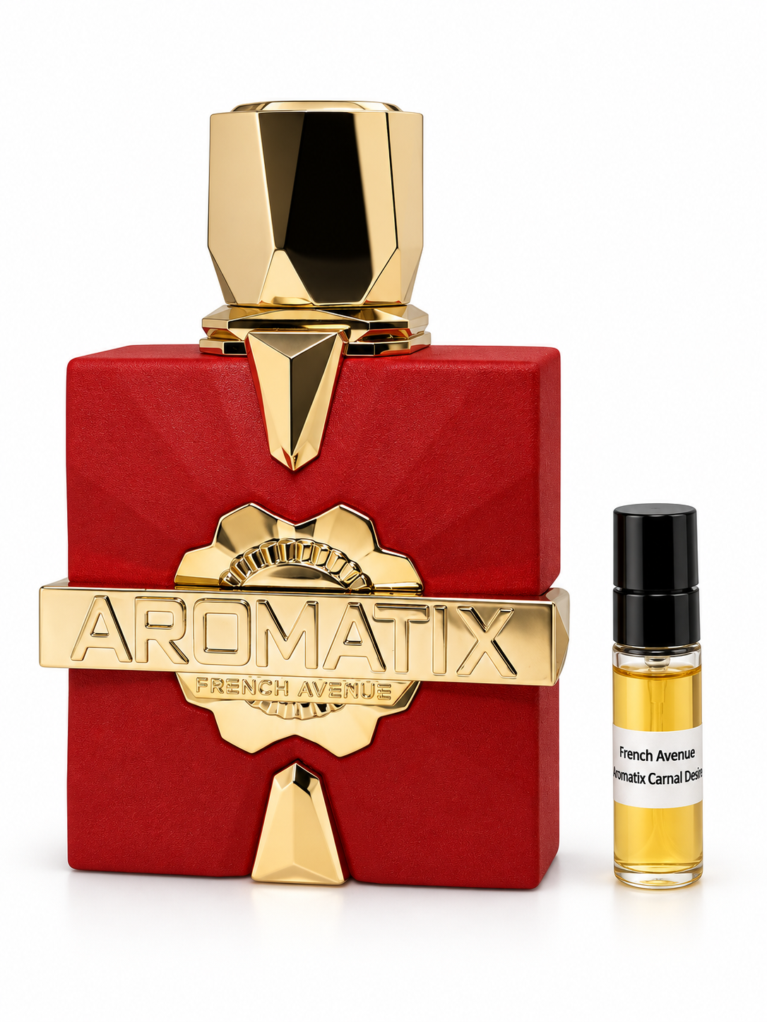 French Avenue Aromatix Carnal Desire fragrance bottle and black-capped sample vial on white
