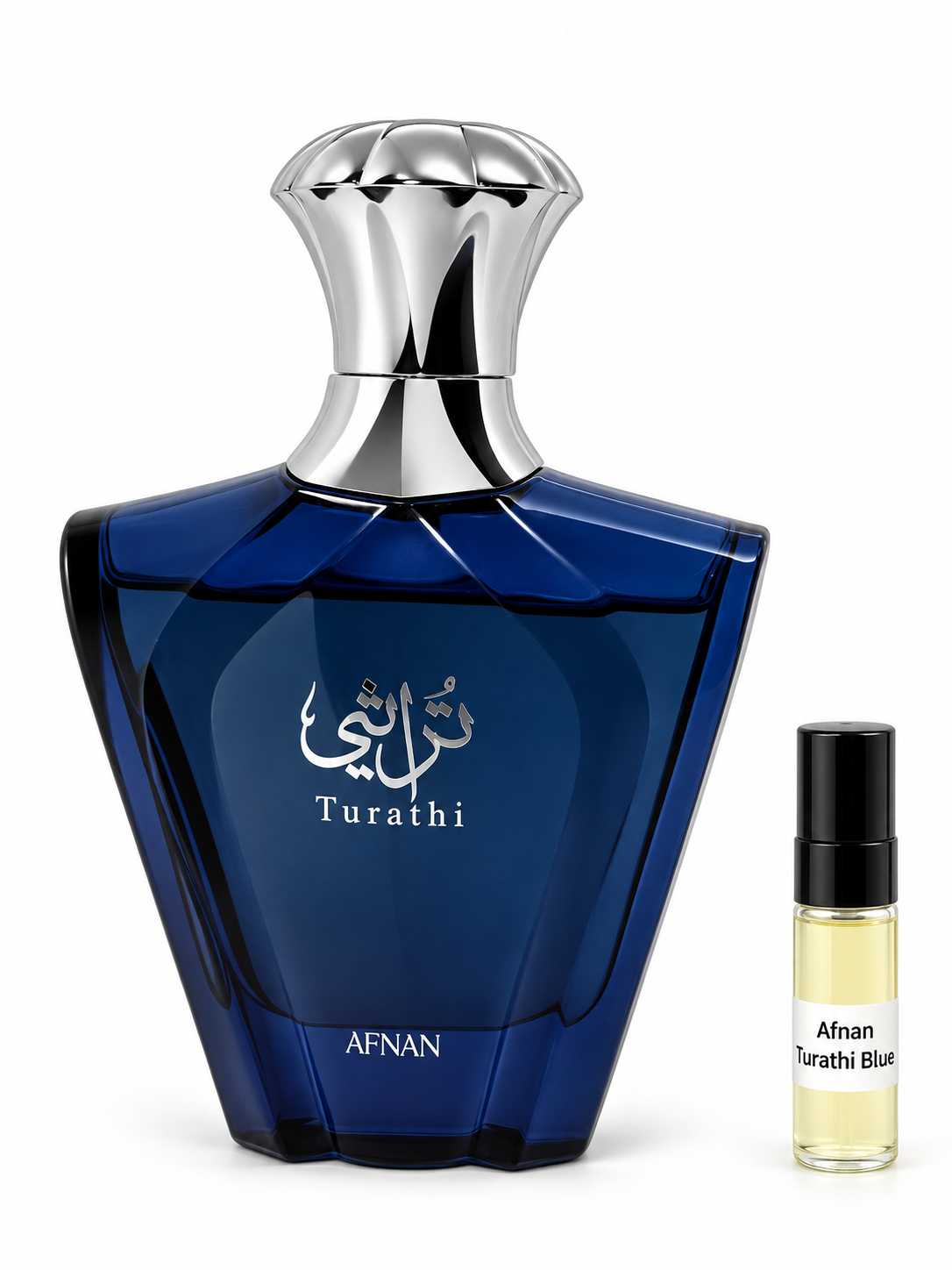 Afnan Turathi Blue fragrance bottle and black-capped sample vial on white