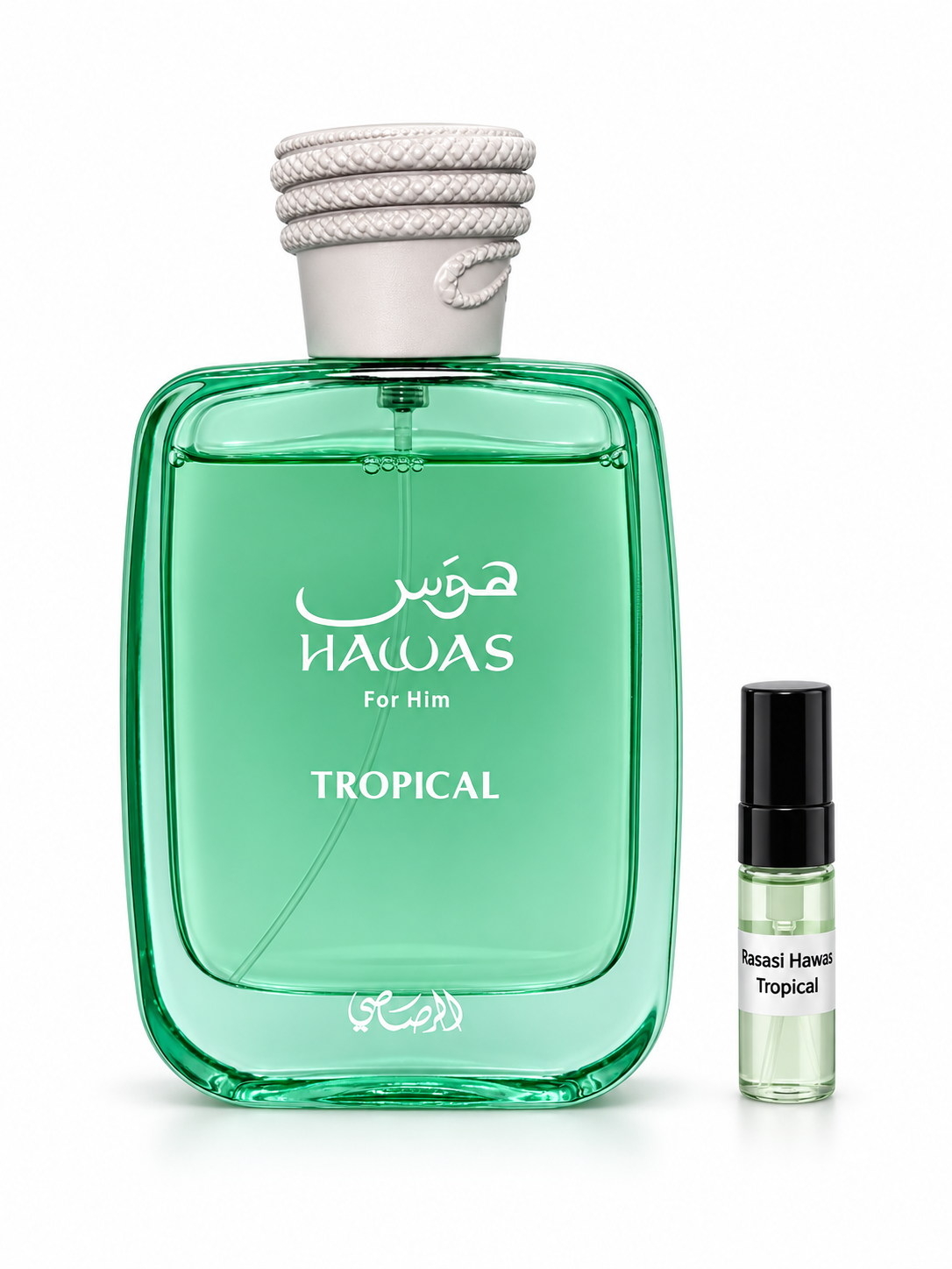 Rasasi Hawas Tropical fragrance bottle and black-capped sample vial on white