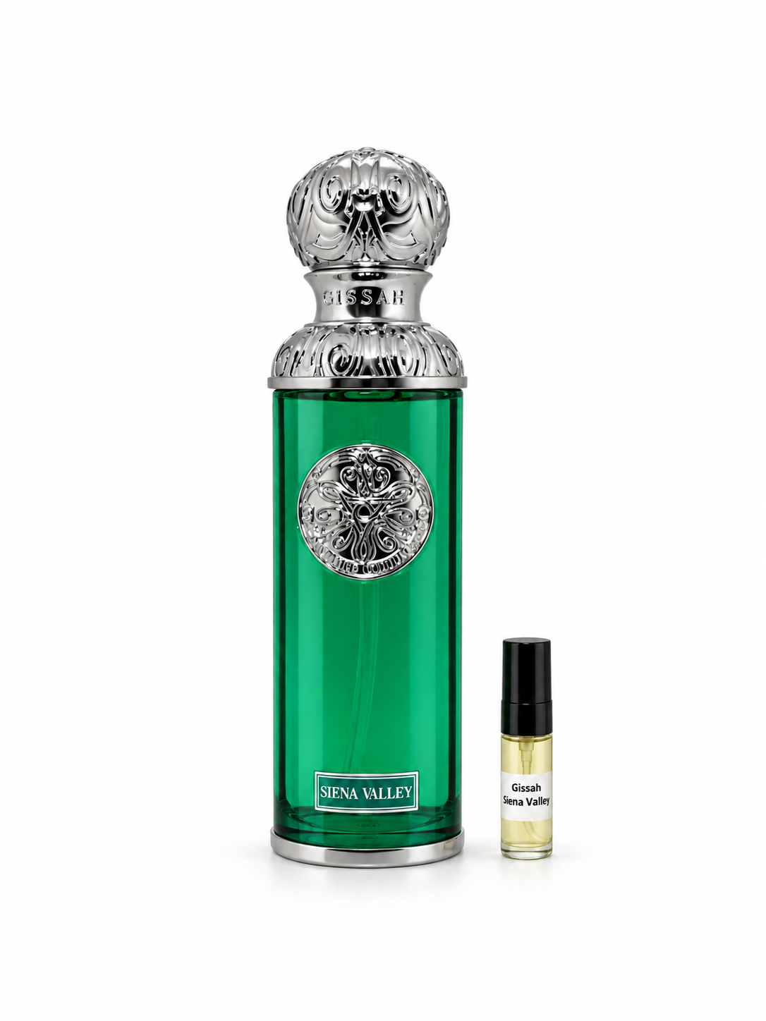 Gissah Siena Valley fragrance bottle and black-capped sample vial on white