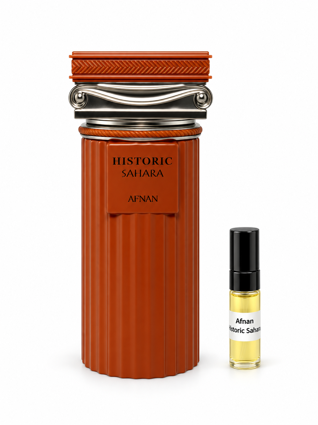 Afnan Historic Sahara fragrance bottle and black-capped sample vial on white