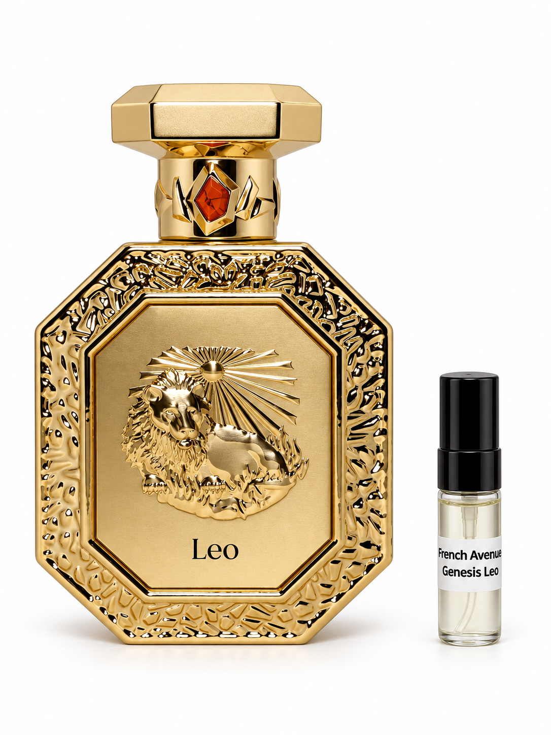 French Avenue Genesis Leo fragrance bottle and black-capped sample vial on white