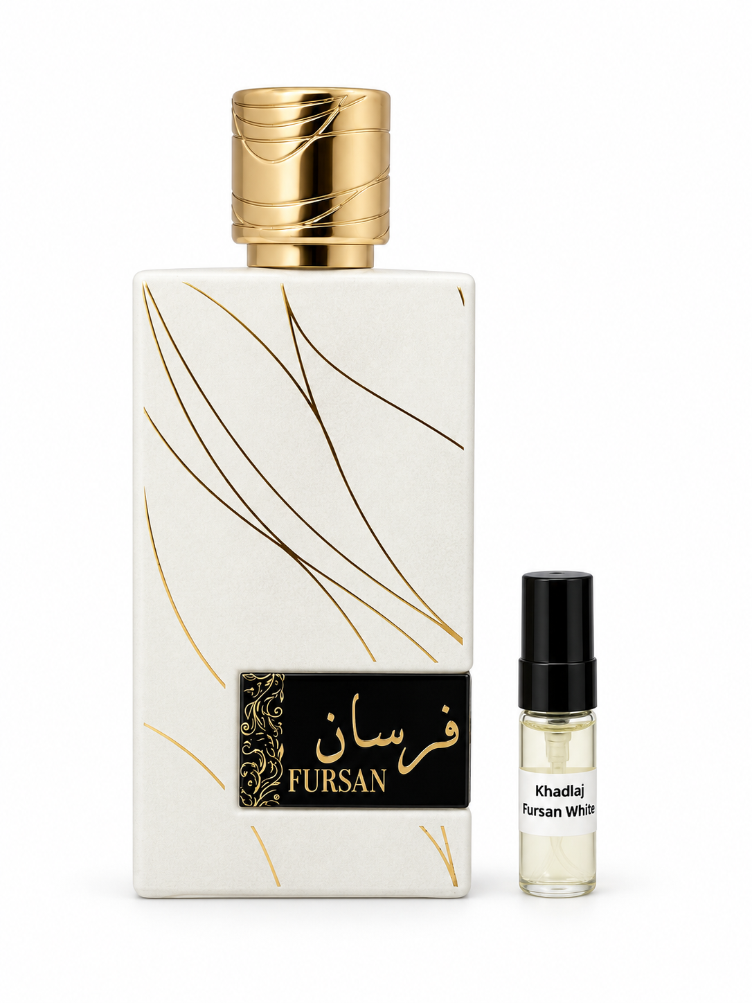 Khadlaj Fursan White fragrance bottle and black-capped sample vial on white