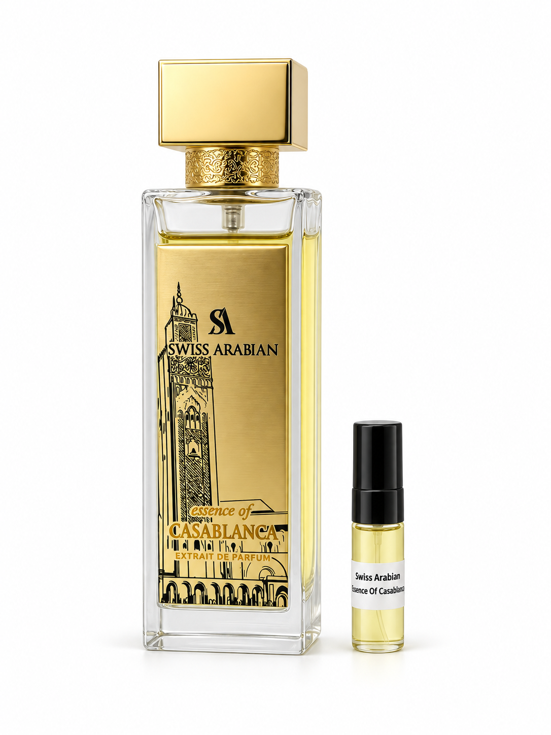 Swiss Arabian Essence of Casablanca fragrance bottle and black-capped sample vial on white