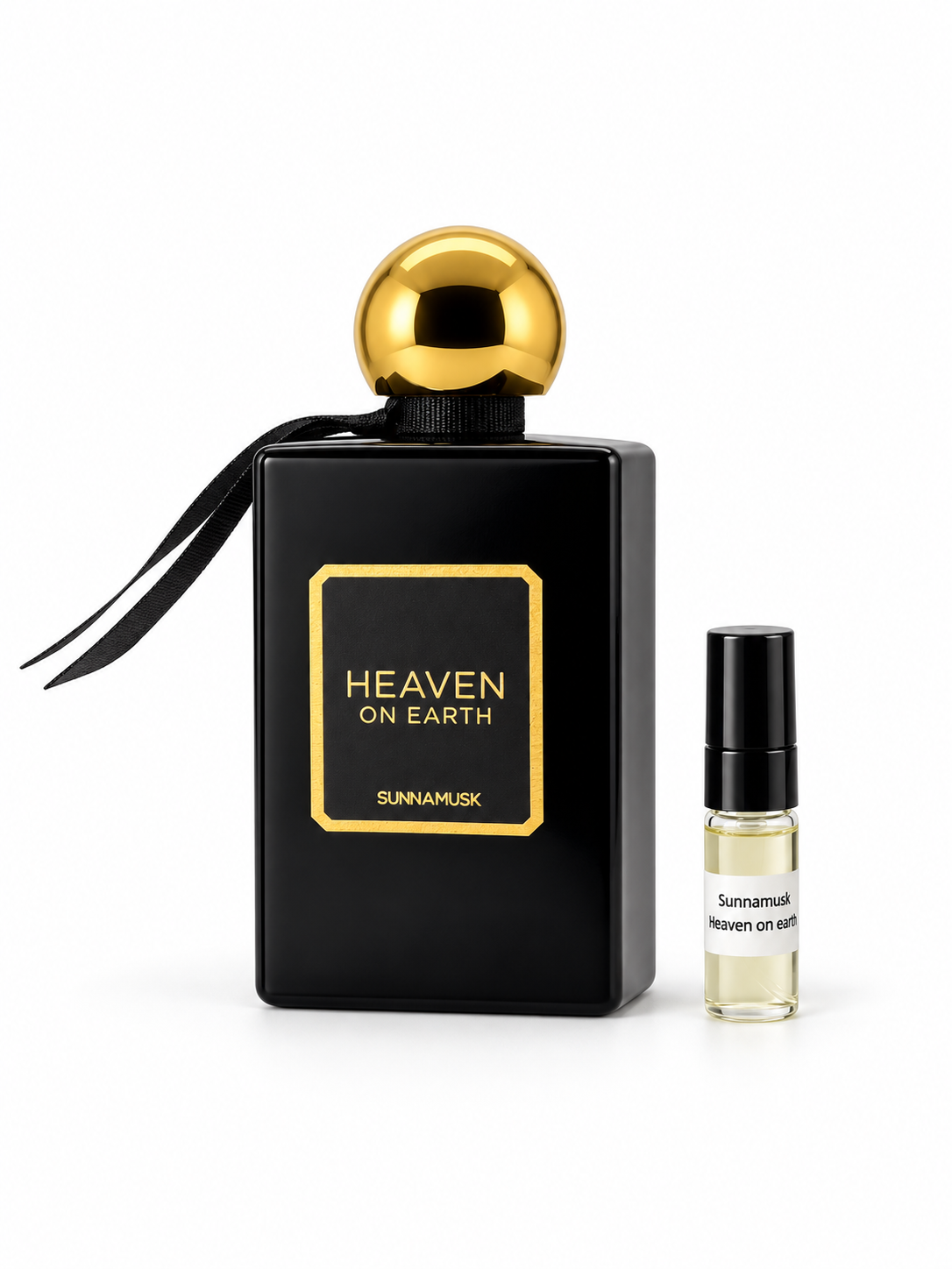 Sunnamusk Heaven On Earth fragrance bottle and black-capped sample vial on white