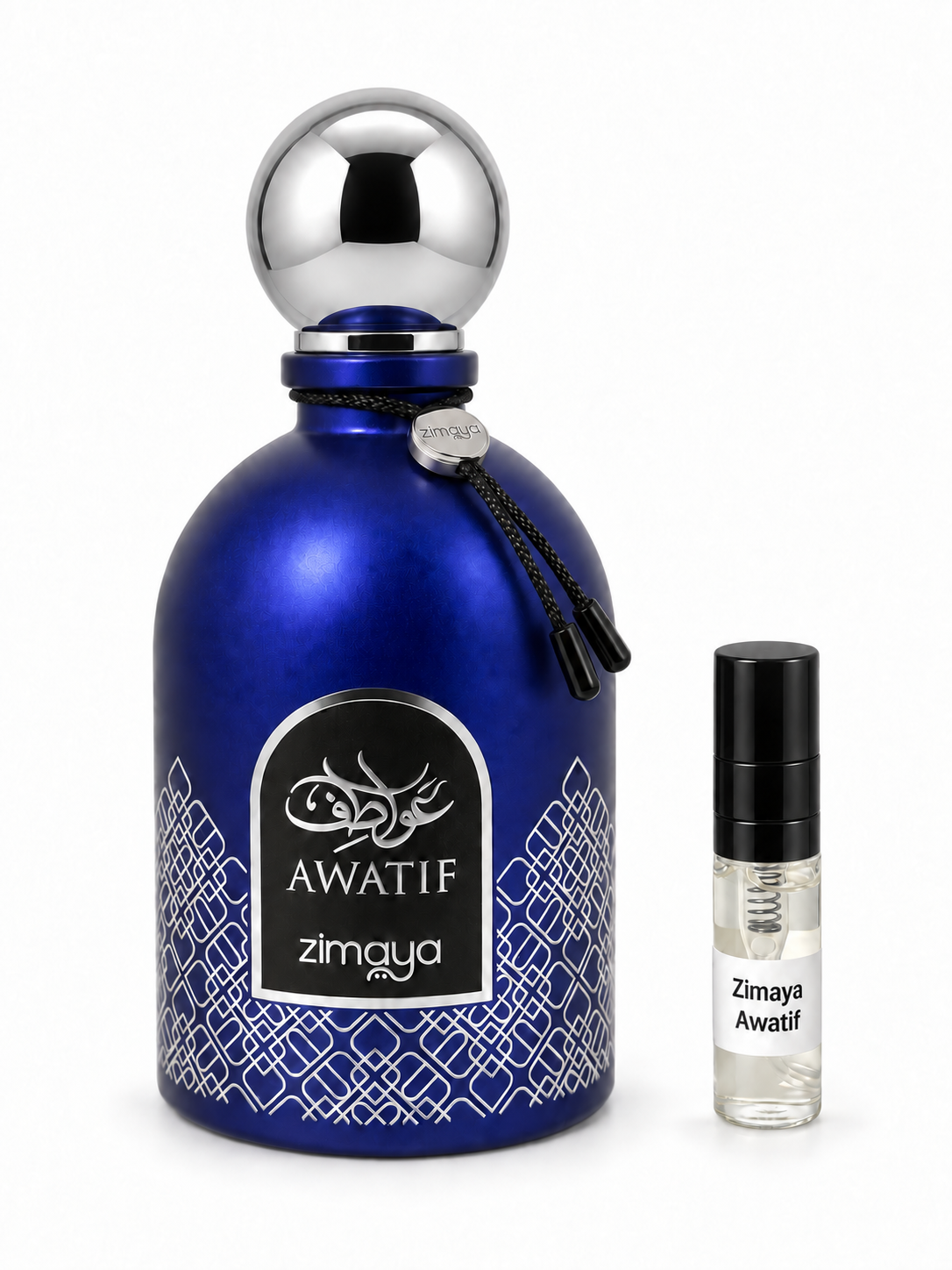 Zimaya Awatif fragrance bottle and black-capped sample vial on white