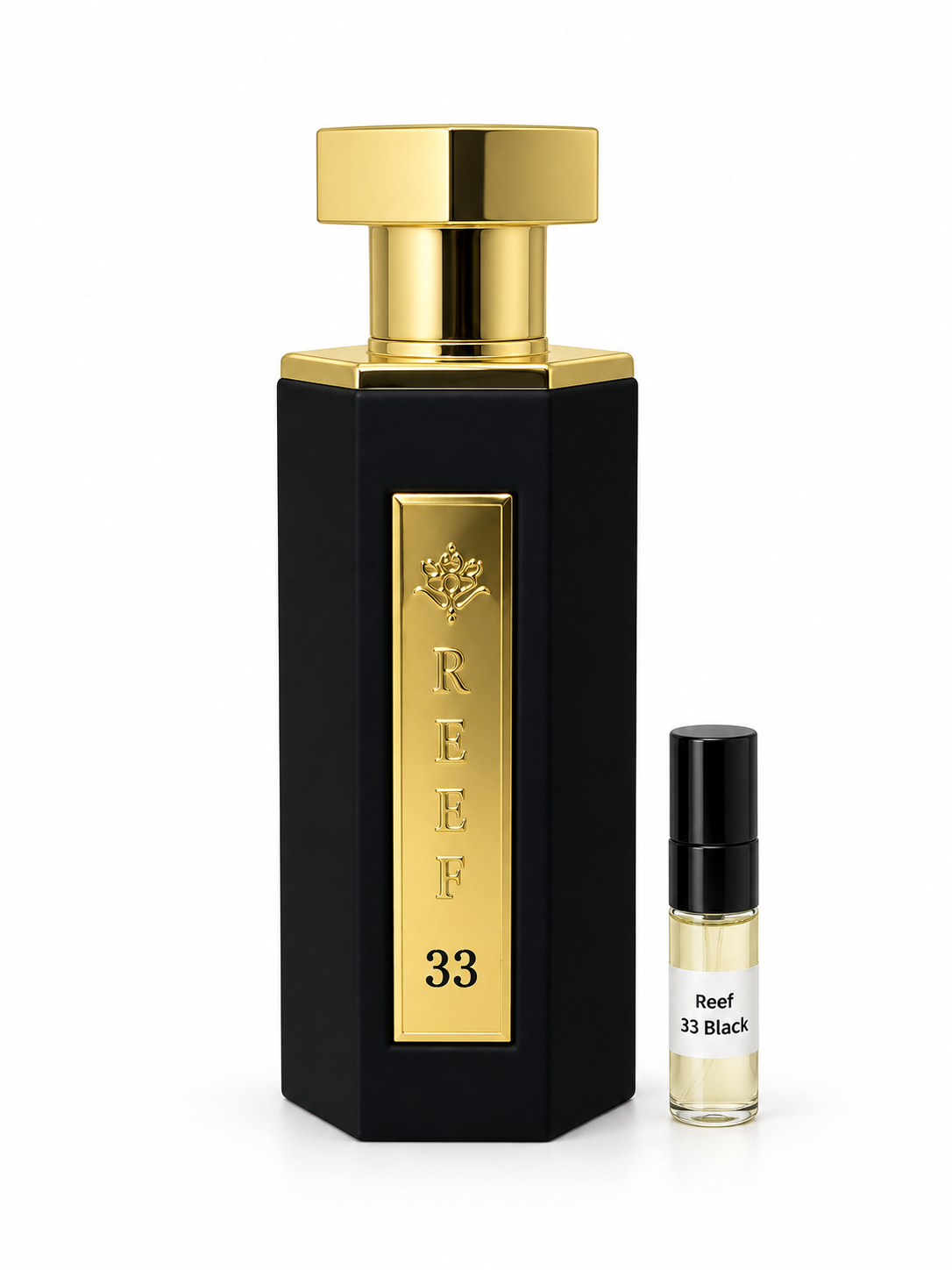 Reef 33 Black fragrance bottle and black-capped sample vial on white