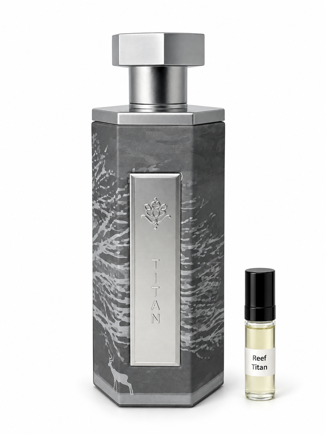 Reef Titan fragrance bottle and black-capped sample vial on white