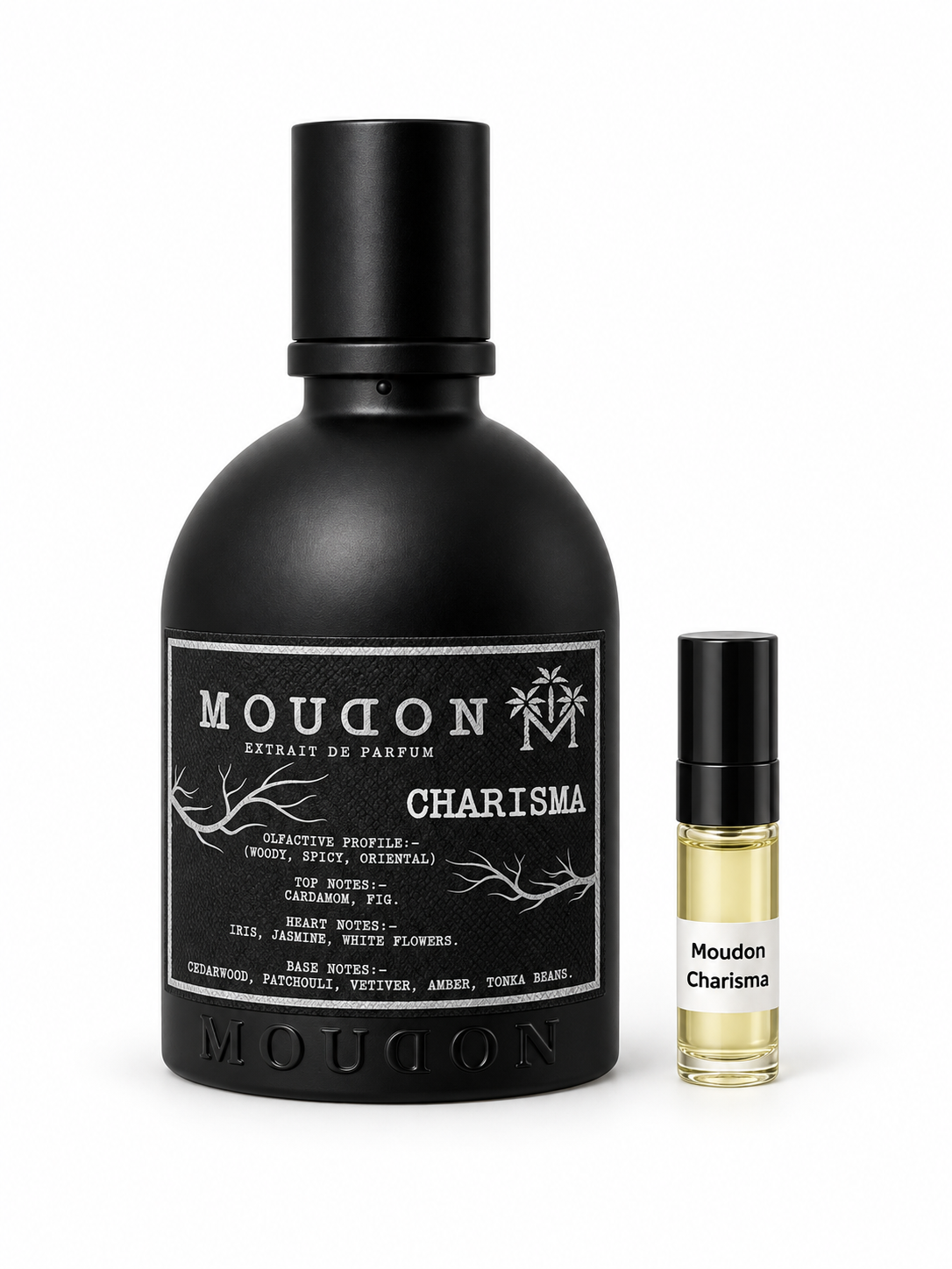 Moudon Charisma fragrance bottle and black-capped sample vial on white