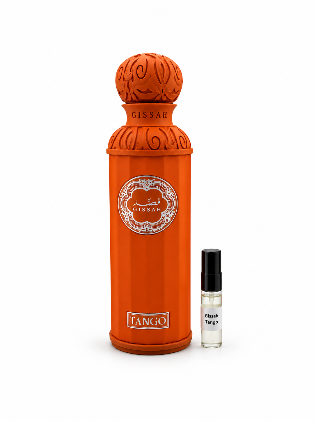 Gissah Tango fragrance bottle and black-capped sample vial on white