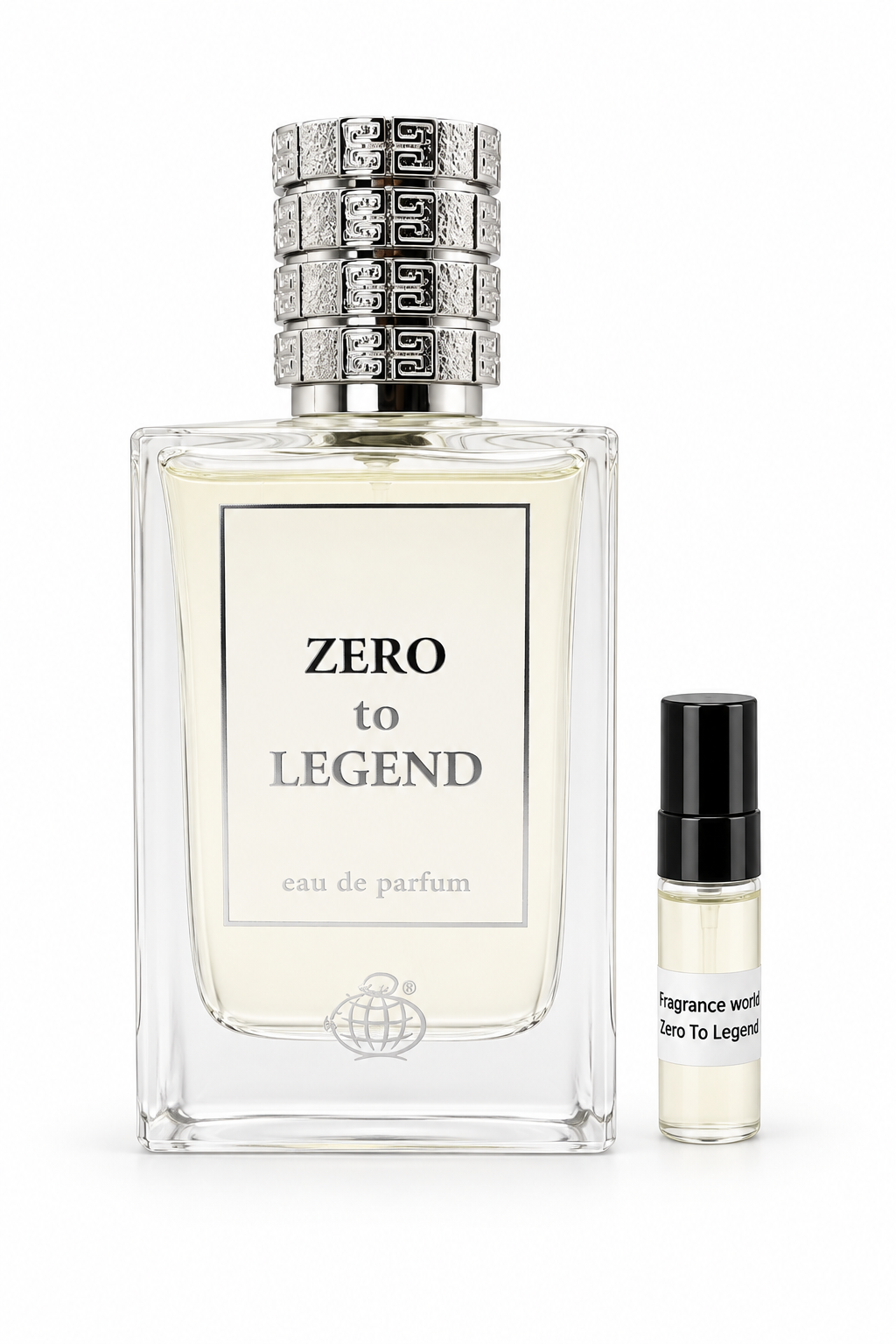 Fragrance World Zero To Legend fragrance bottle and black-capped sample vial on white