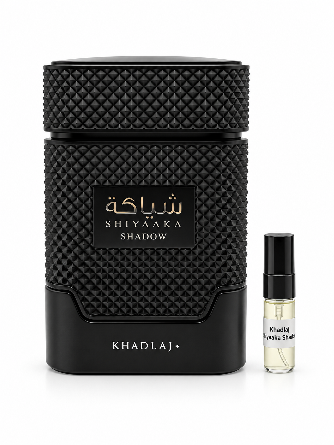 Khadlaj Shiyaaka Shadow fragrance bottle and black-capped sample vial on white