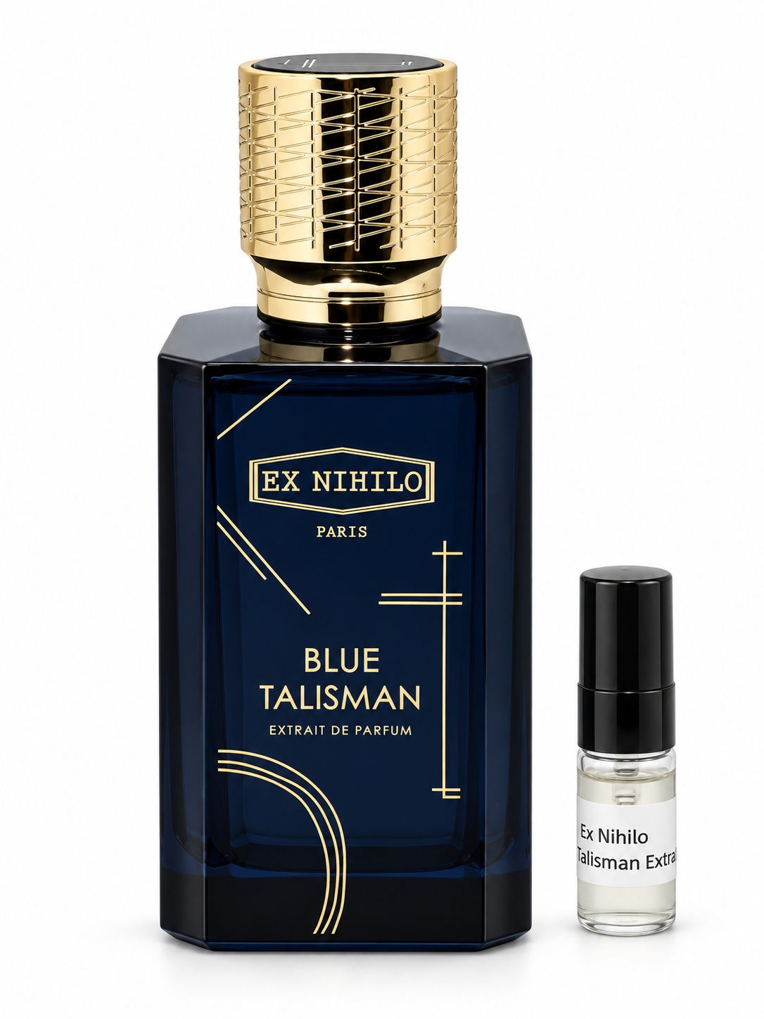 Ex Nihilo Blue Talisman Extrait De Parfum fragrance bottle and black-capped sample vial on white