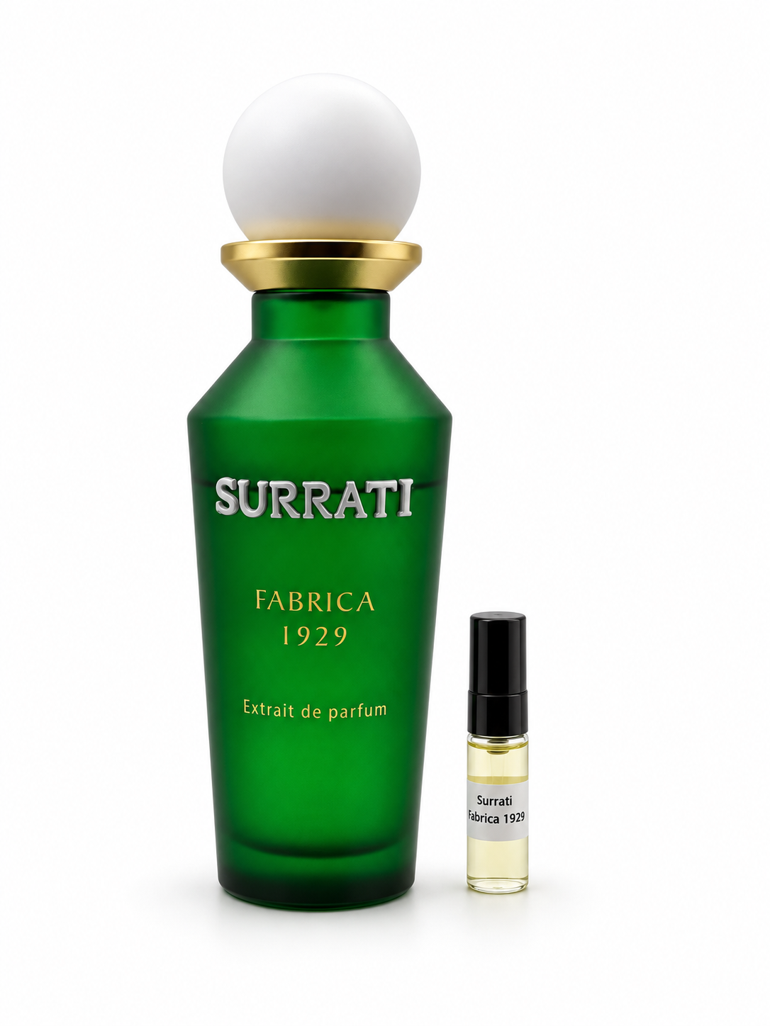 Surrati Fabrica 1929 fragrance bottle and black-capped sample vial on white
