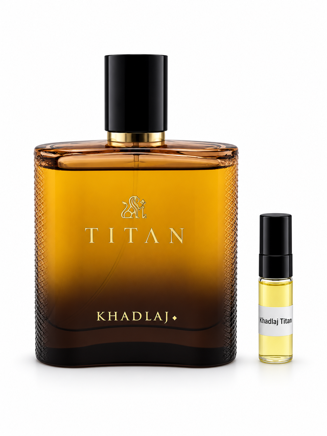 Khadlaj Titan fragrance bottle and black-capped sample vial on white
