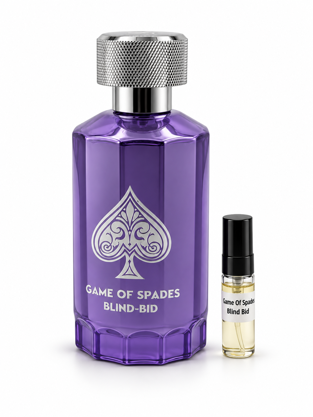 Game Of Spades Blind Bid fragrance bottle and black-capped sample vial on white