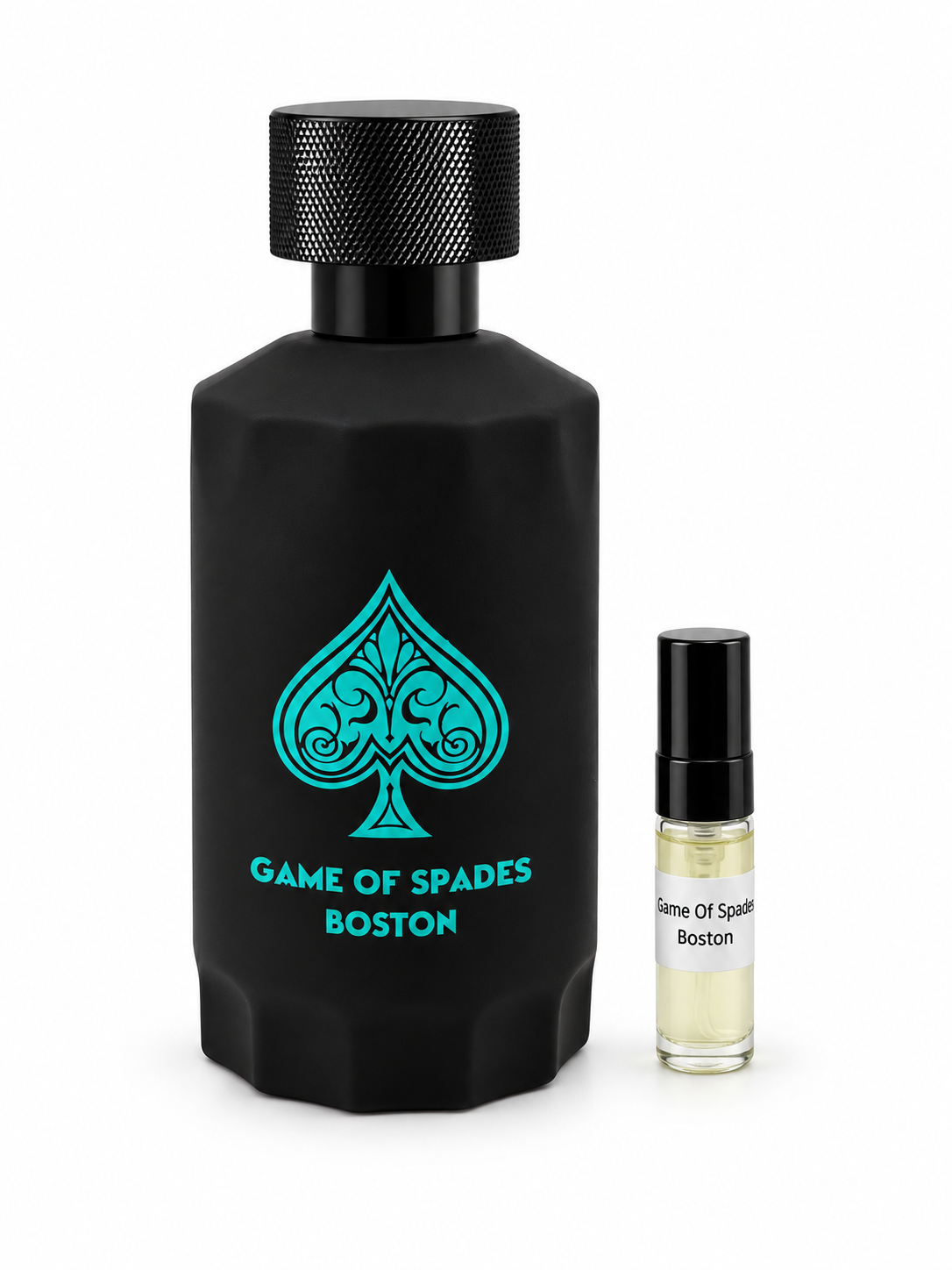 Game Of Spades Boston fragrance bottle and black-capped sample vial on white