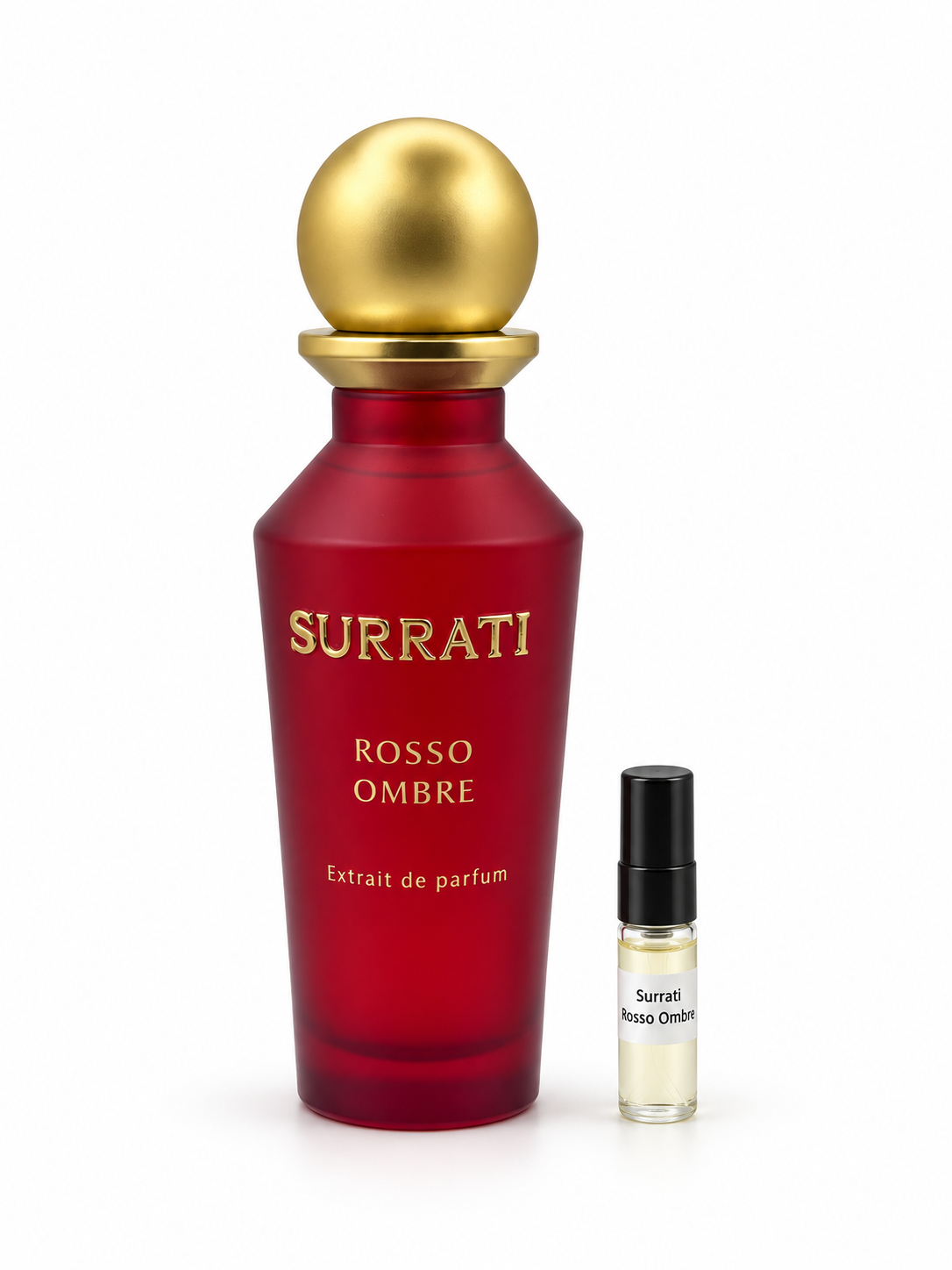 Surrati Rosso Ombre fragrance bottle and black-capped sample vial on white