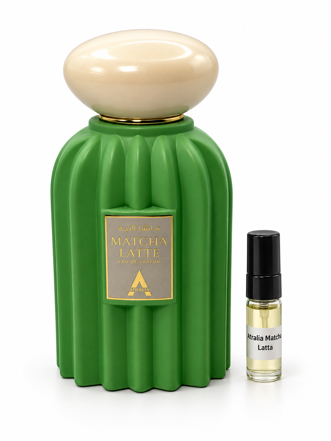 Atralia Matcha Latte fragrance bottle and black-capped sample vial on white