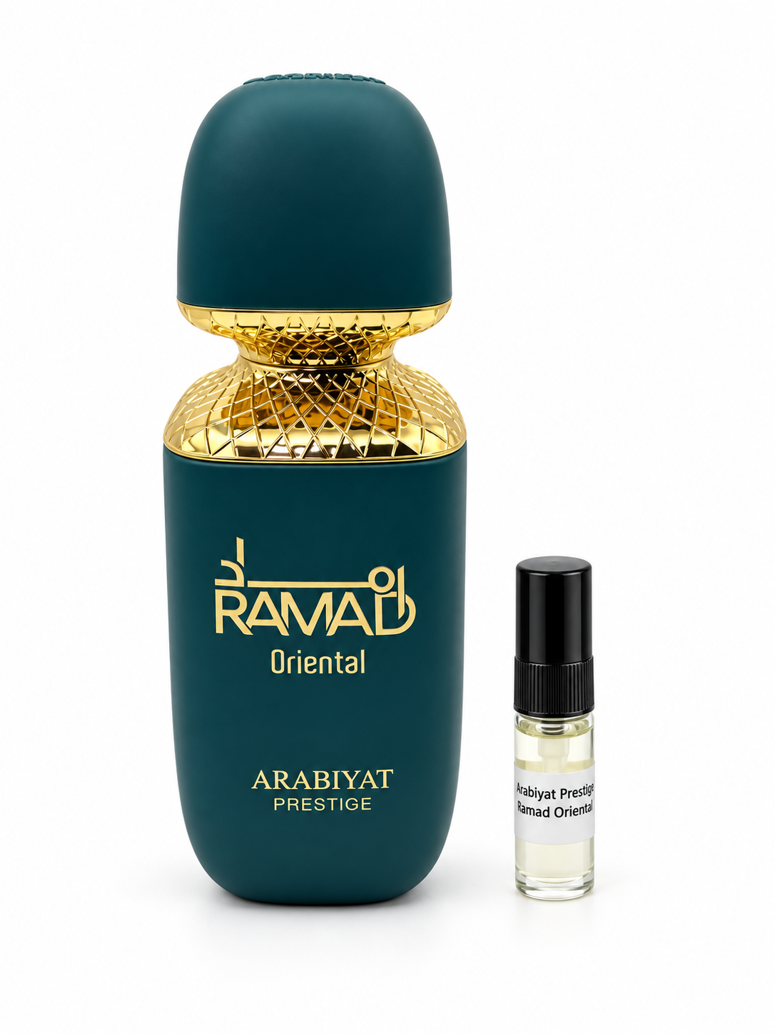 Arabiyat Prestige Ramad Oriental fragrance bottle and black-capped sample vial on white