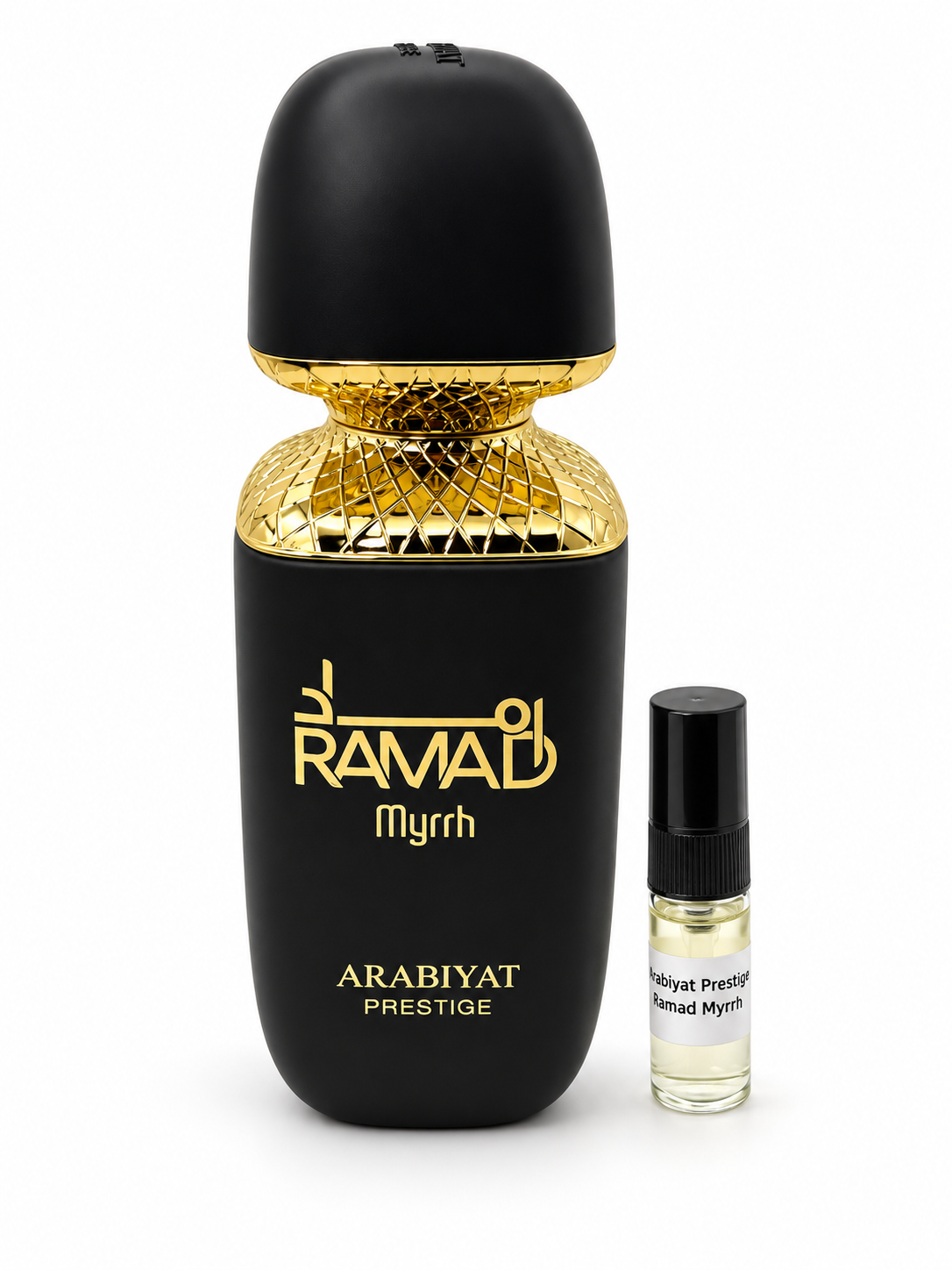 Arabiyat Prestige Ramad Myrrh fragrance bottle and black-capped sample vial on white