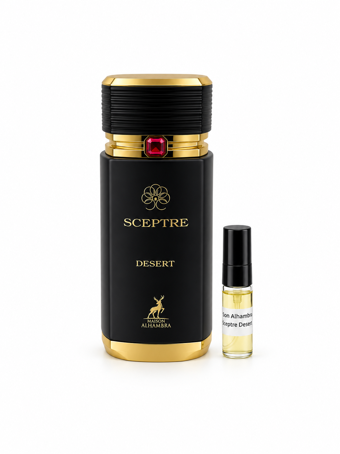 Maison Alhambra Sceptre Desert fragrance bottle and black-capped sample vial on white