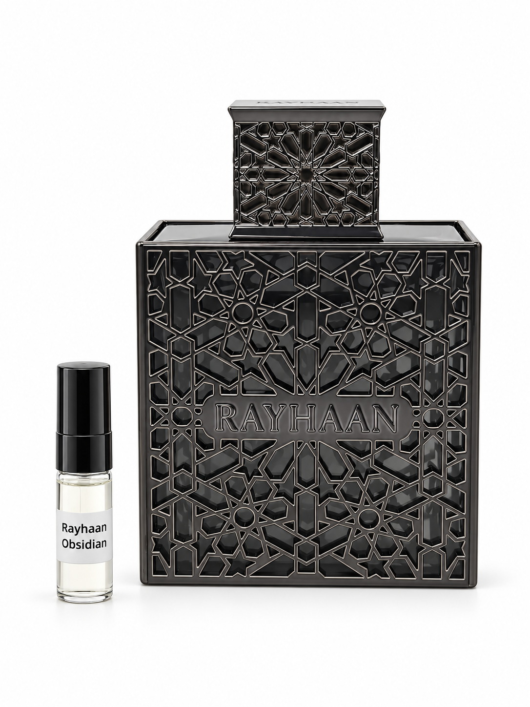 Rayhaan Obsidian fragrance bottle and black-capped sample vial on white