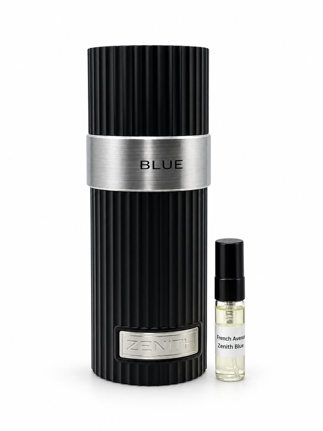 French Avenue Zenith Blue fragrance bottle and black-capped sample vial on white