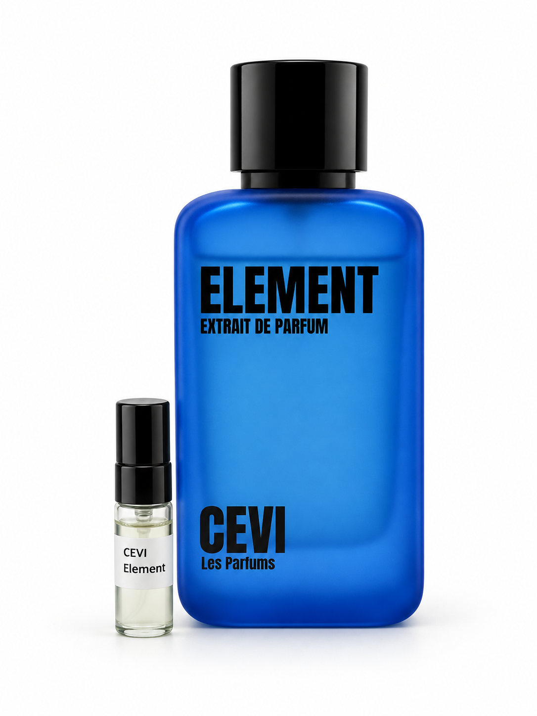 Cevi Element fragrance bottle and black-capped sample vial on white