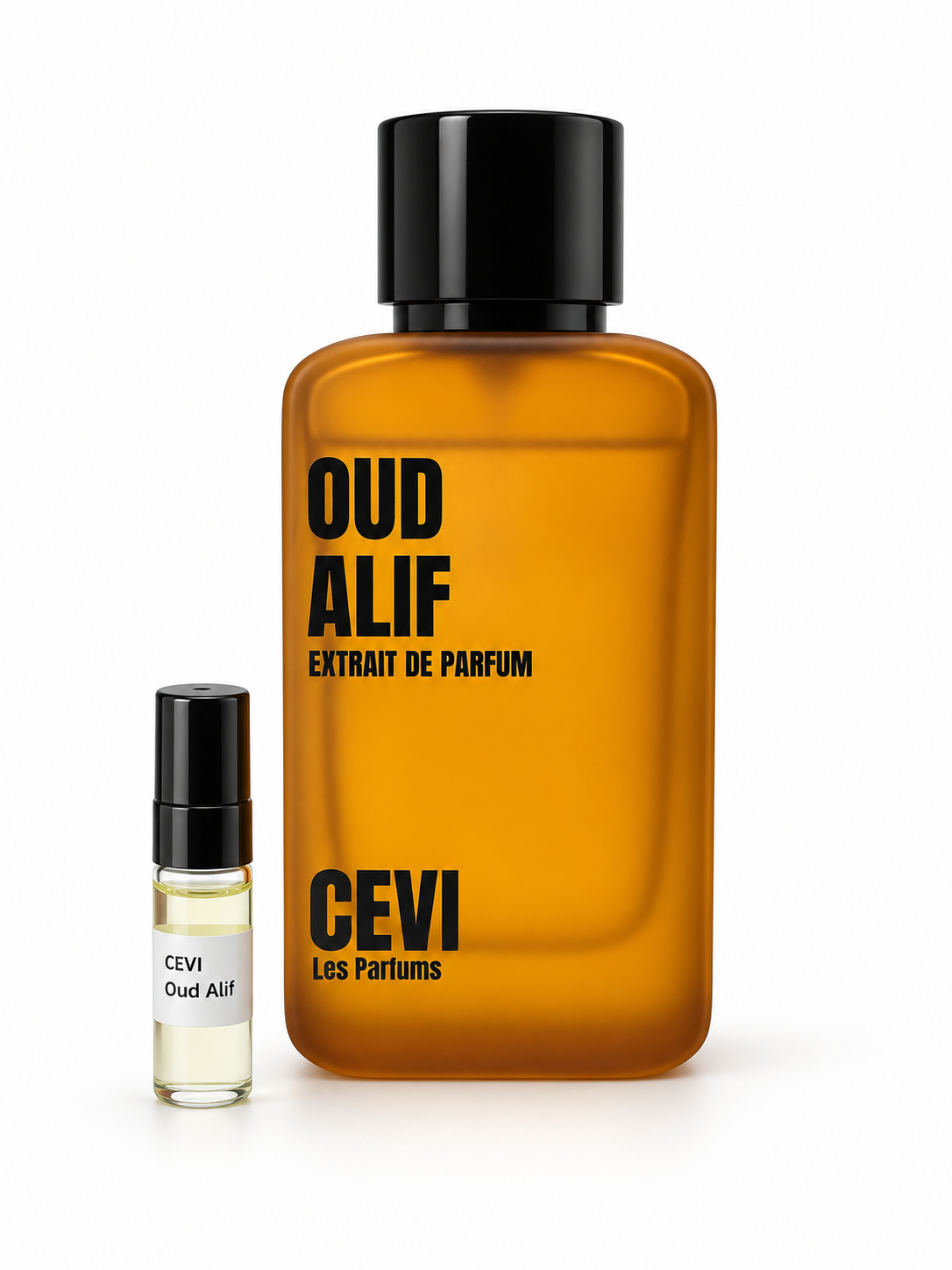 Cevi Oud Alif fragrance bottle and black-capped sample vial on white