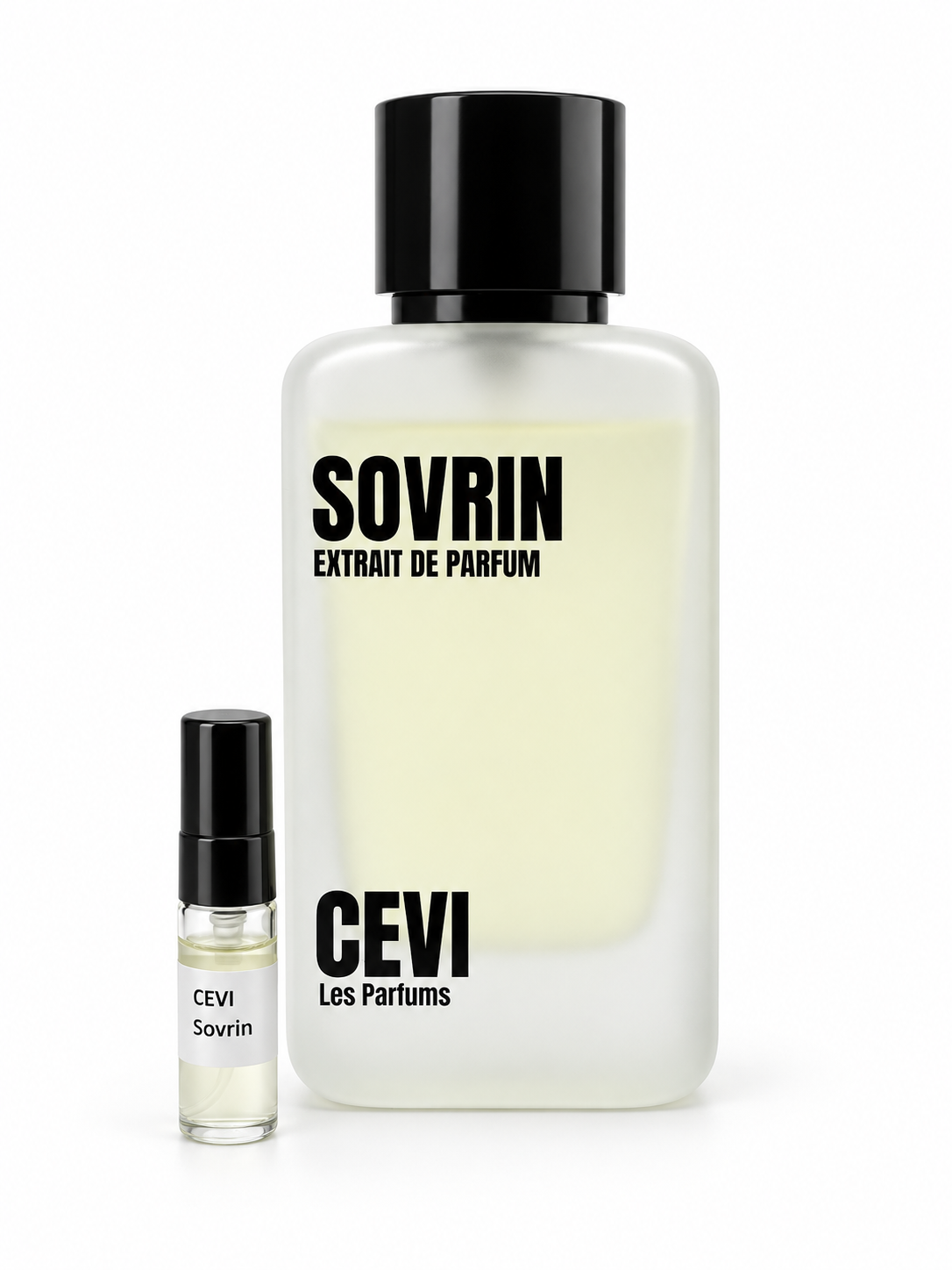 Cevi Sovrin fragrance bottle and black-capped sample vial on white