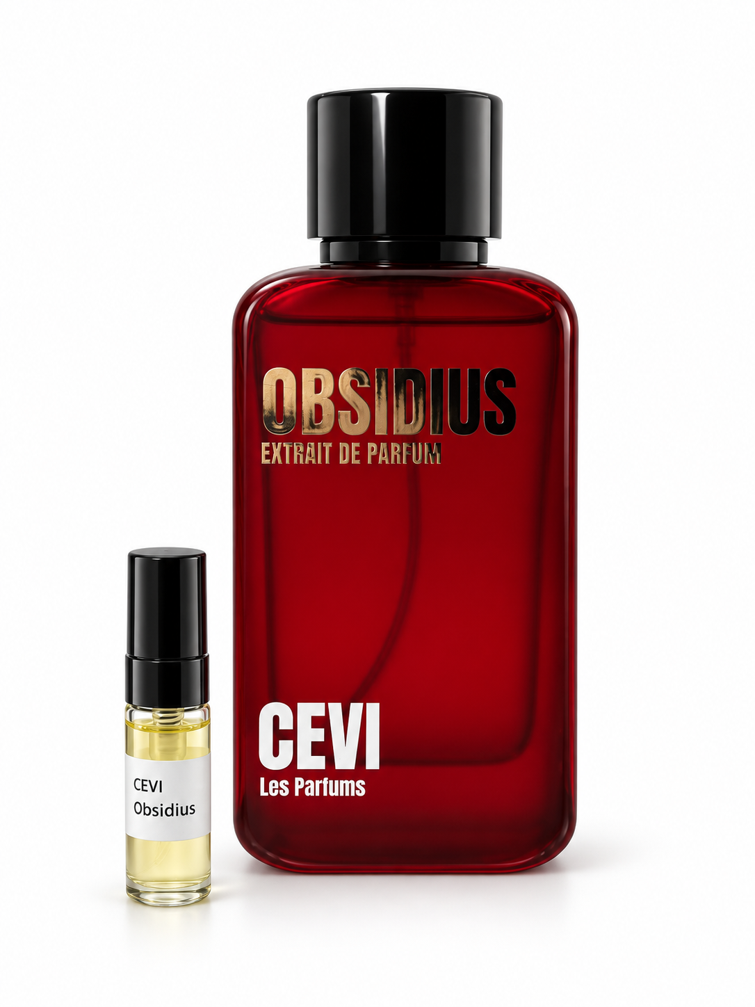 Cevi Obsidius fragrance bottle and black-capped sample vial on white