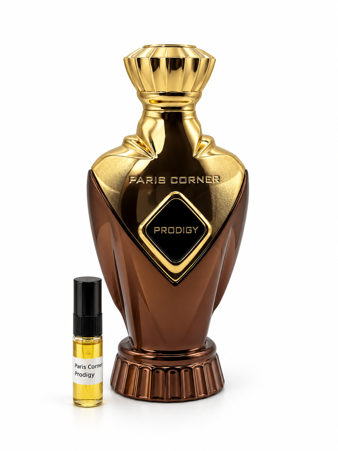 Paris Corner Prodigy fragrance bottle and black-capped sample vial on white