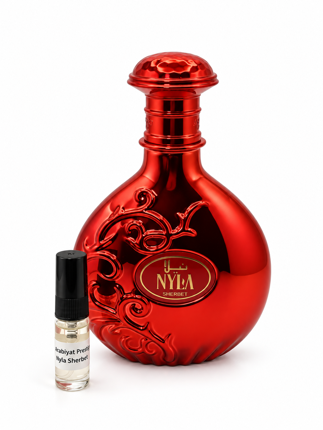 Arabiyat Nyla Sherbet fragrance bottle and black-capped sample vial on white
