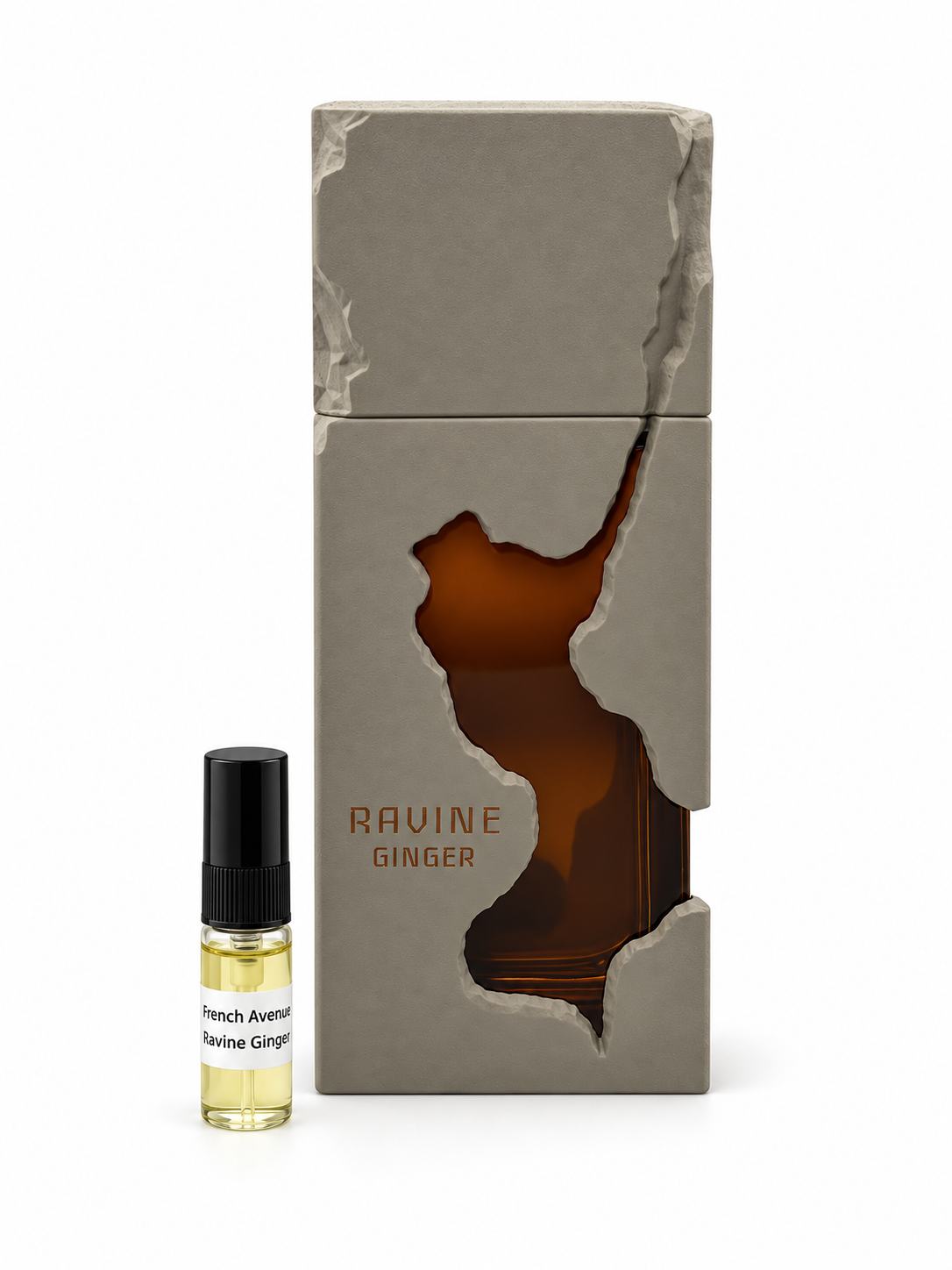 French Avenue Ravine Ginger fragrance bottle and black-capped sample vial on white