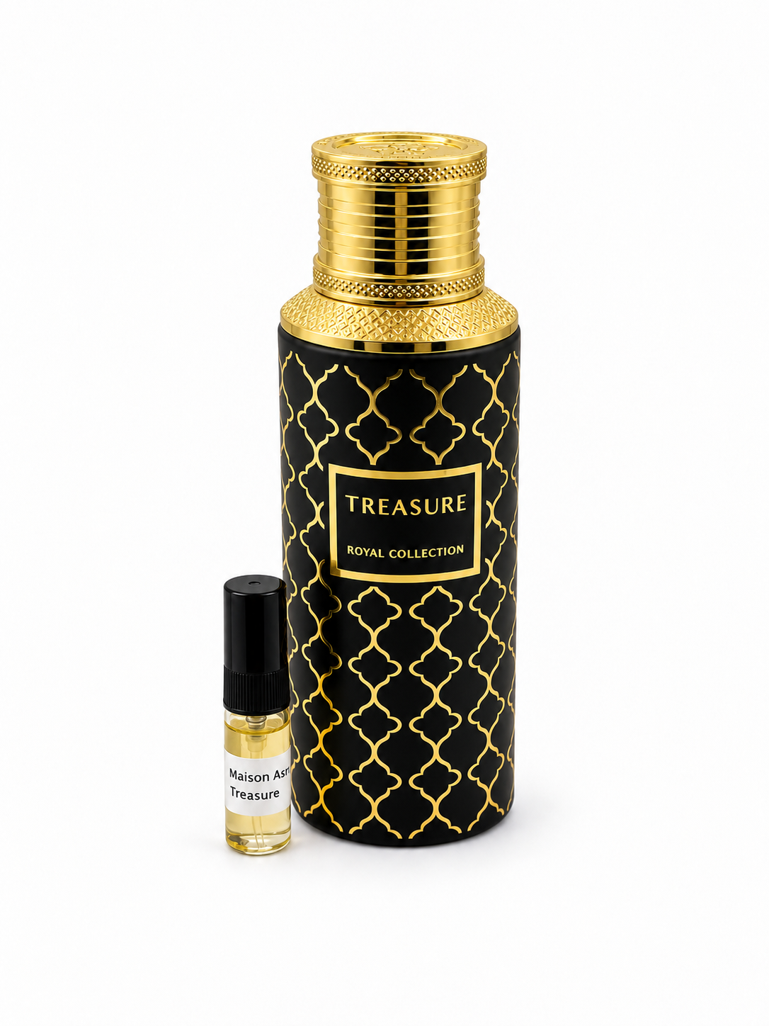 Maison Asrar Treasure fragrance bottle and black-capped sample vial on white