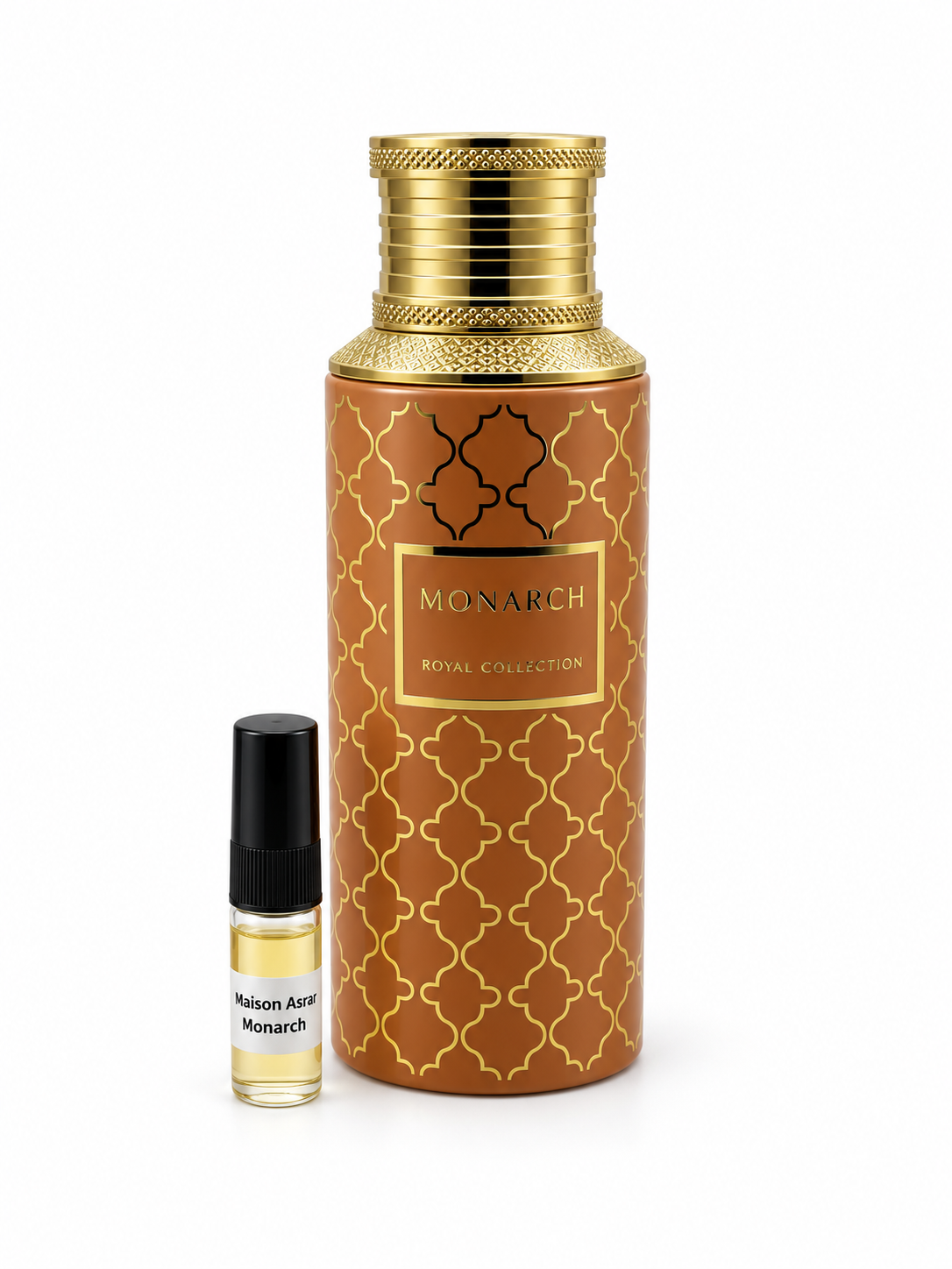 Maison Asrar Monarch fragrance bottle and black-capped sample vial on white
