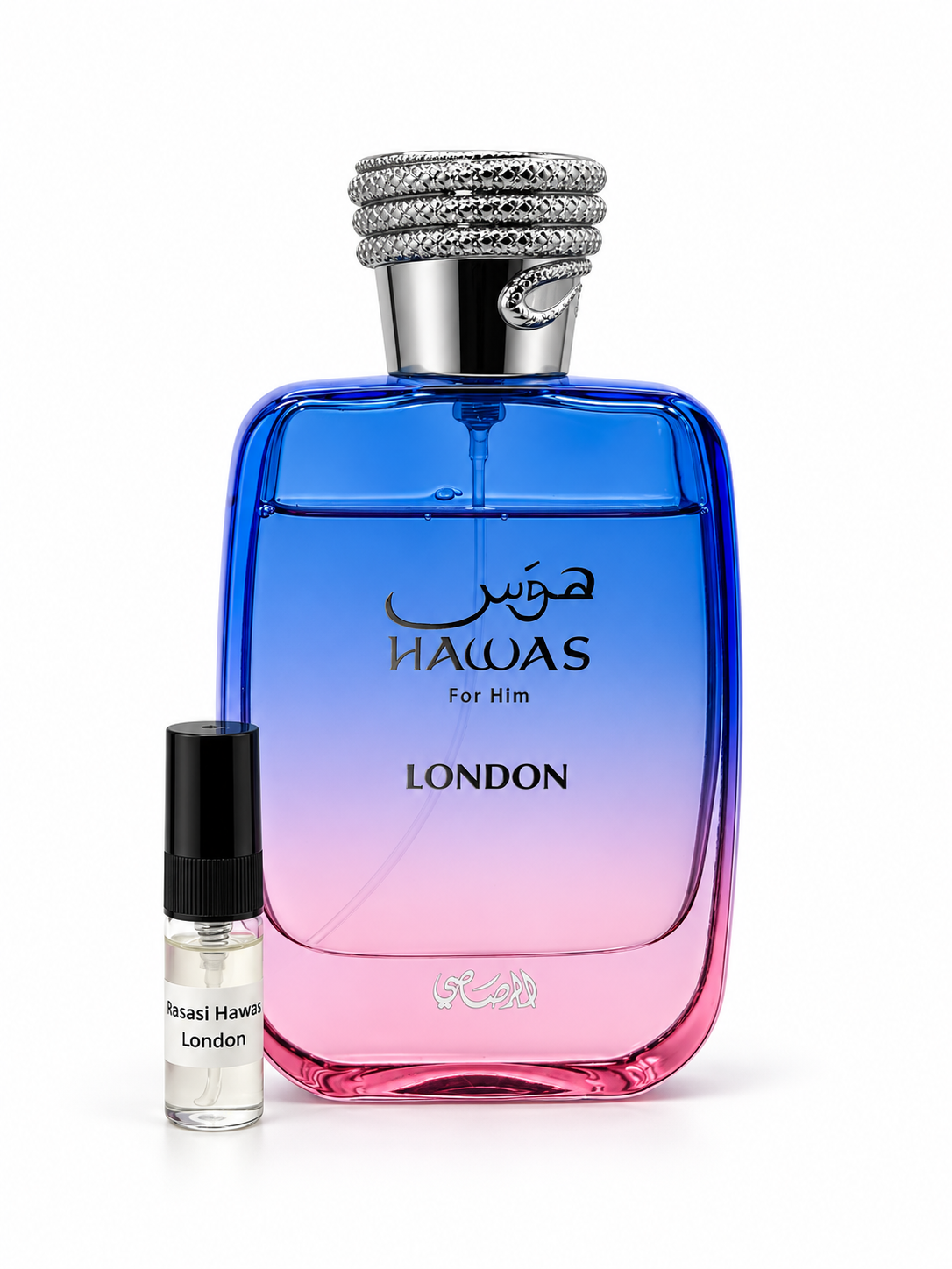 Rasasi Hawas London fragrance bottle and black-capped sample vial on white