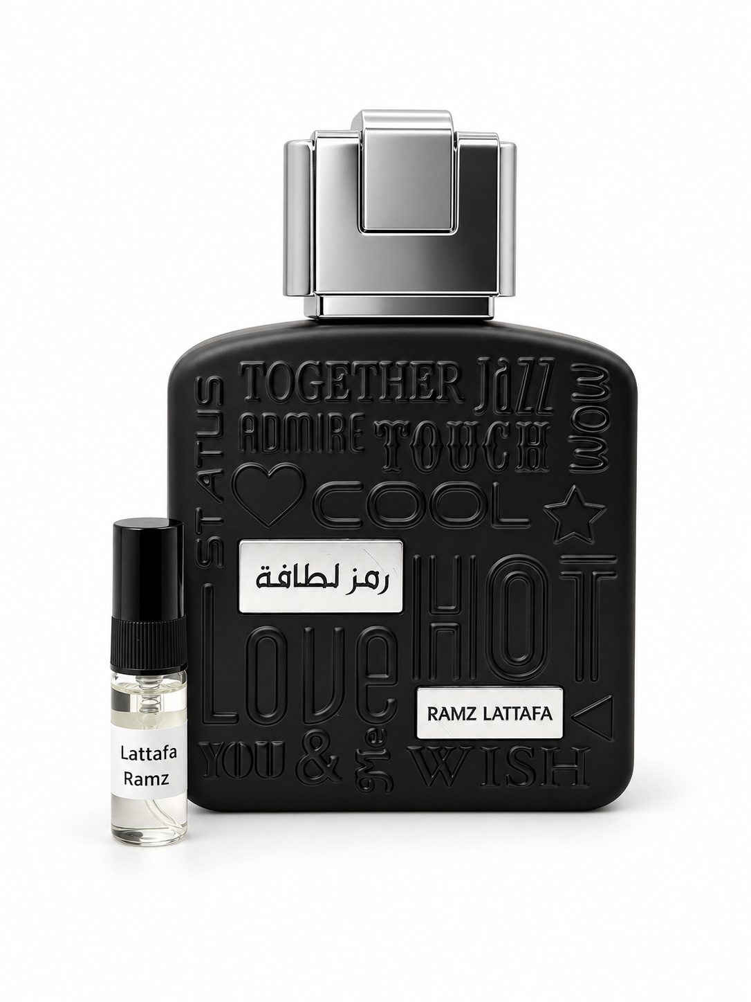 Lattafa Ramz Silver fragrance bottle and black-capped sample vial on white